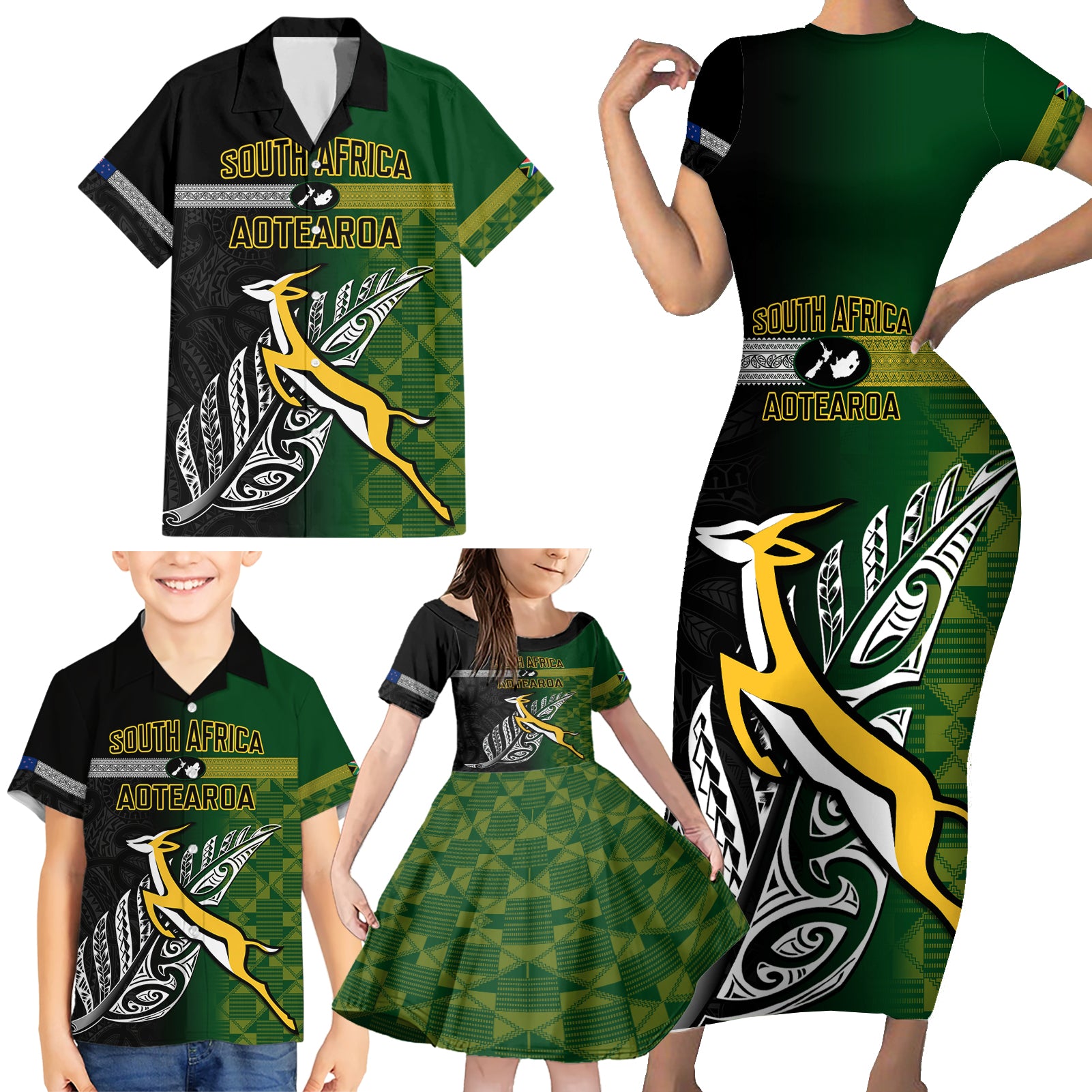 personalised-new-zealand-and-south-africa-rugby-family-matching-short-sleeve-bodycon-dress-and-hawaiian-shirt-2023-world-cup-final-all-black-springboks-together