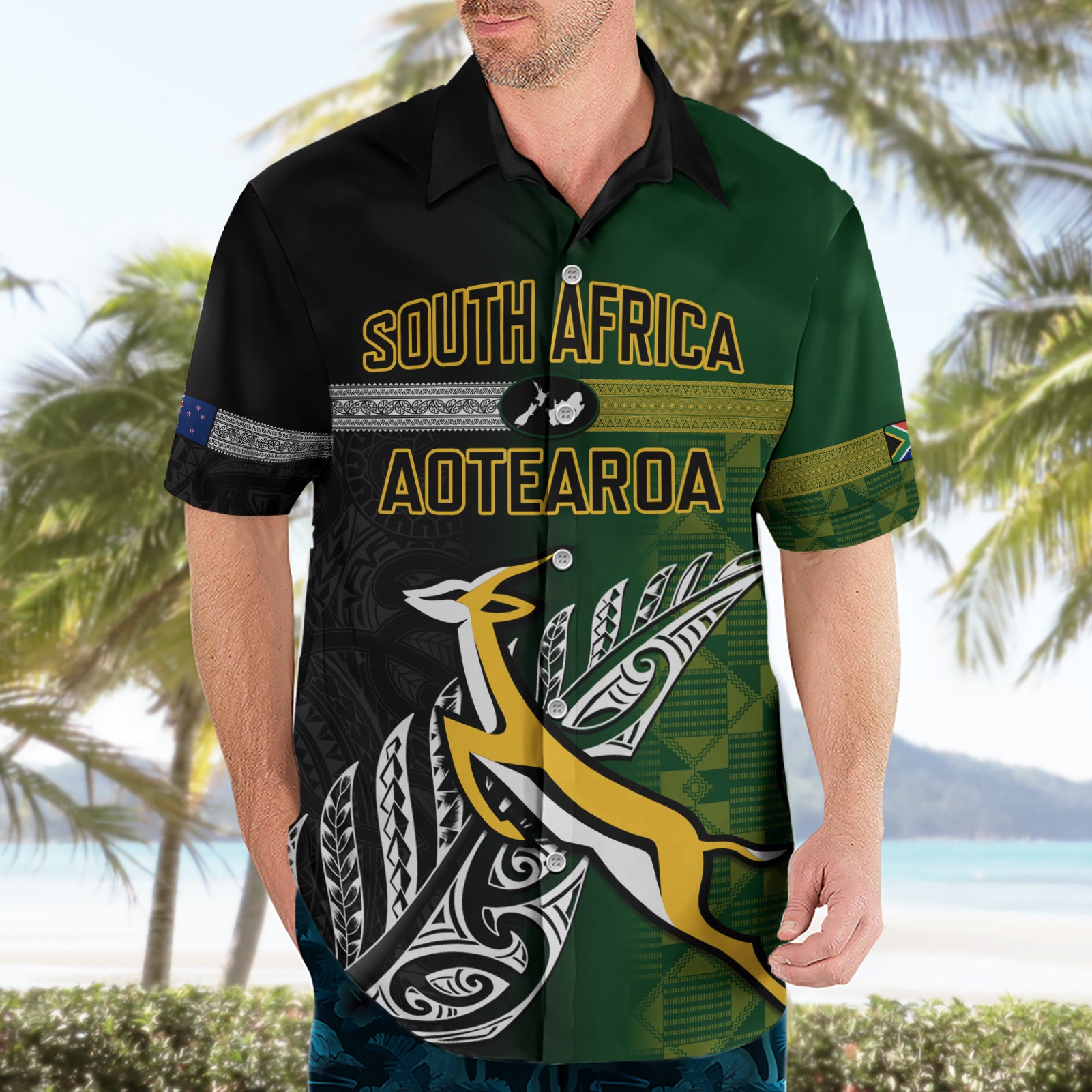 Personalised New Zealand and South Africa Rugby Hawaiian Shirt 2023 World Cup Final All Black Springboks Together - Vibe Hoodie Shop