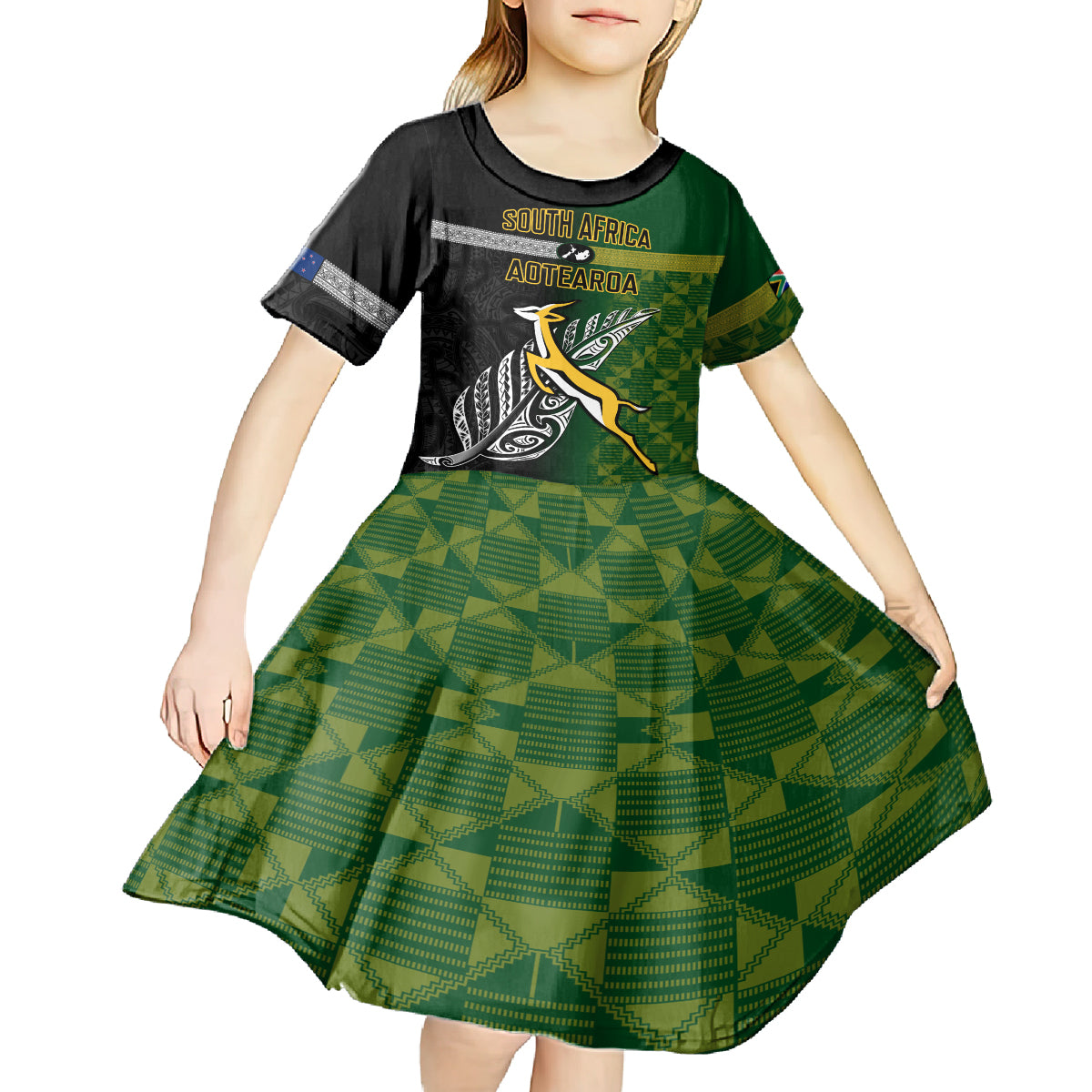 Personalised New Zealand and South Africa Rugby Kid Short Sleeve Dress 2023 World Cup Final All Black Springboks Together - Vibe Hoodie Shop