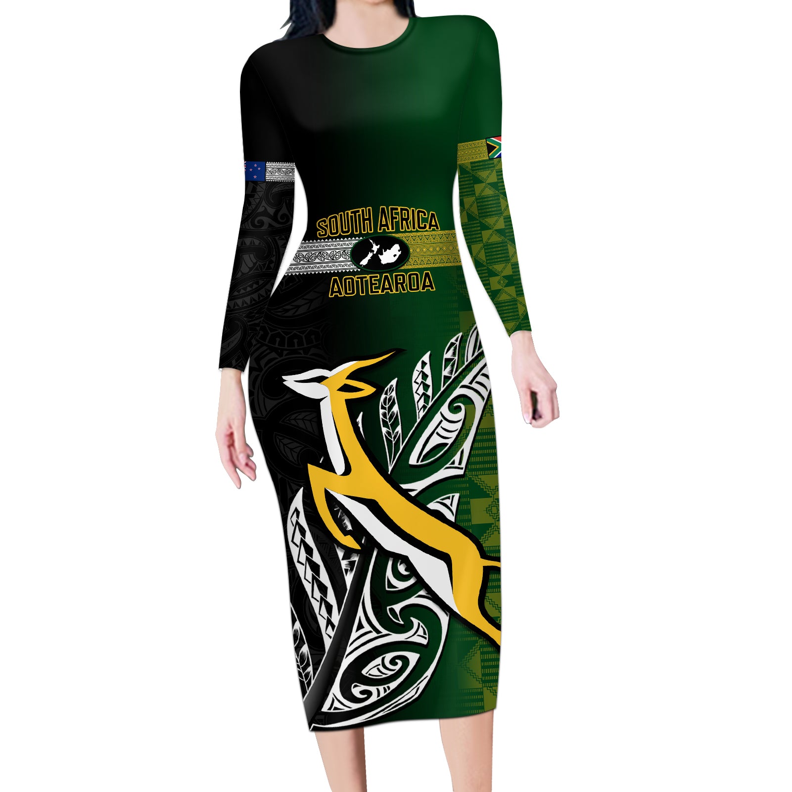 personalised-new-zealand-and-south-africa-rugby-long-sleeve-bodycon-dress-2023-world-cup-final-all-black-springboks-together