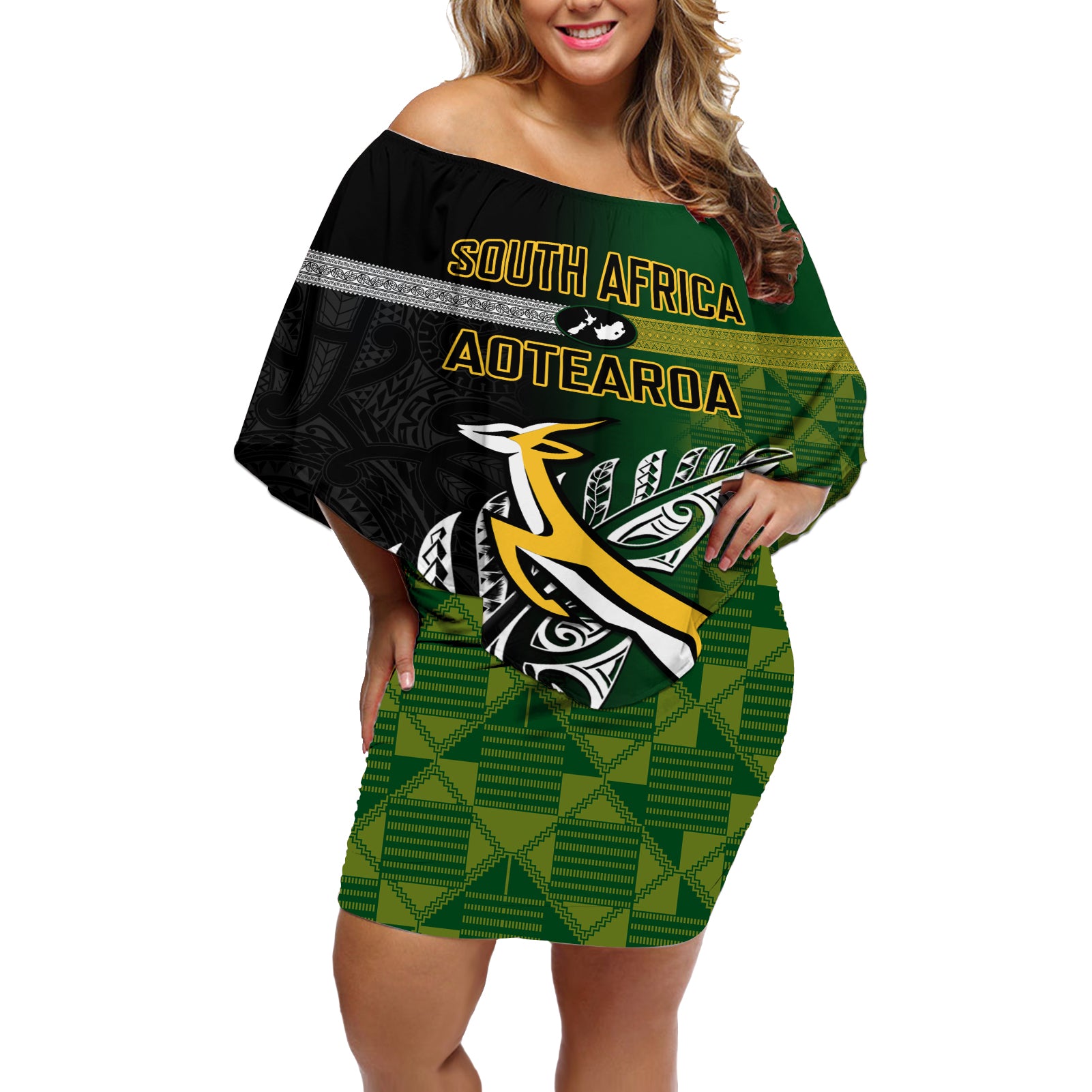 personalised-new-zealand-and-south-africa-rugby-off-shoulder-short-dress-2023-world-cup-final-all-black-springboks-together