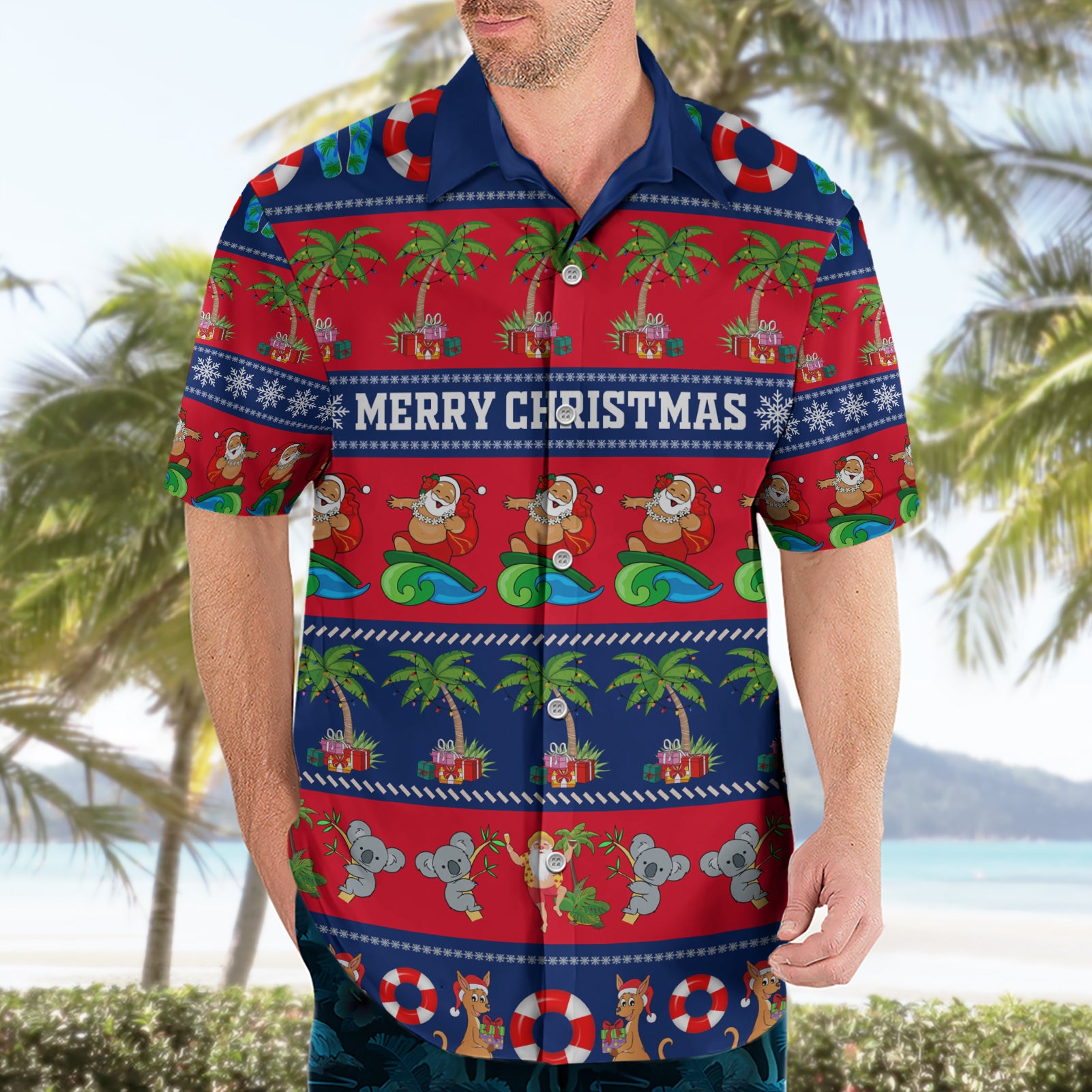 Personalised Australia Christmas Hawaiian Shirt Aussie Santa Claus Beach Xmas Vibes - Vibe Hoodie Shop