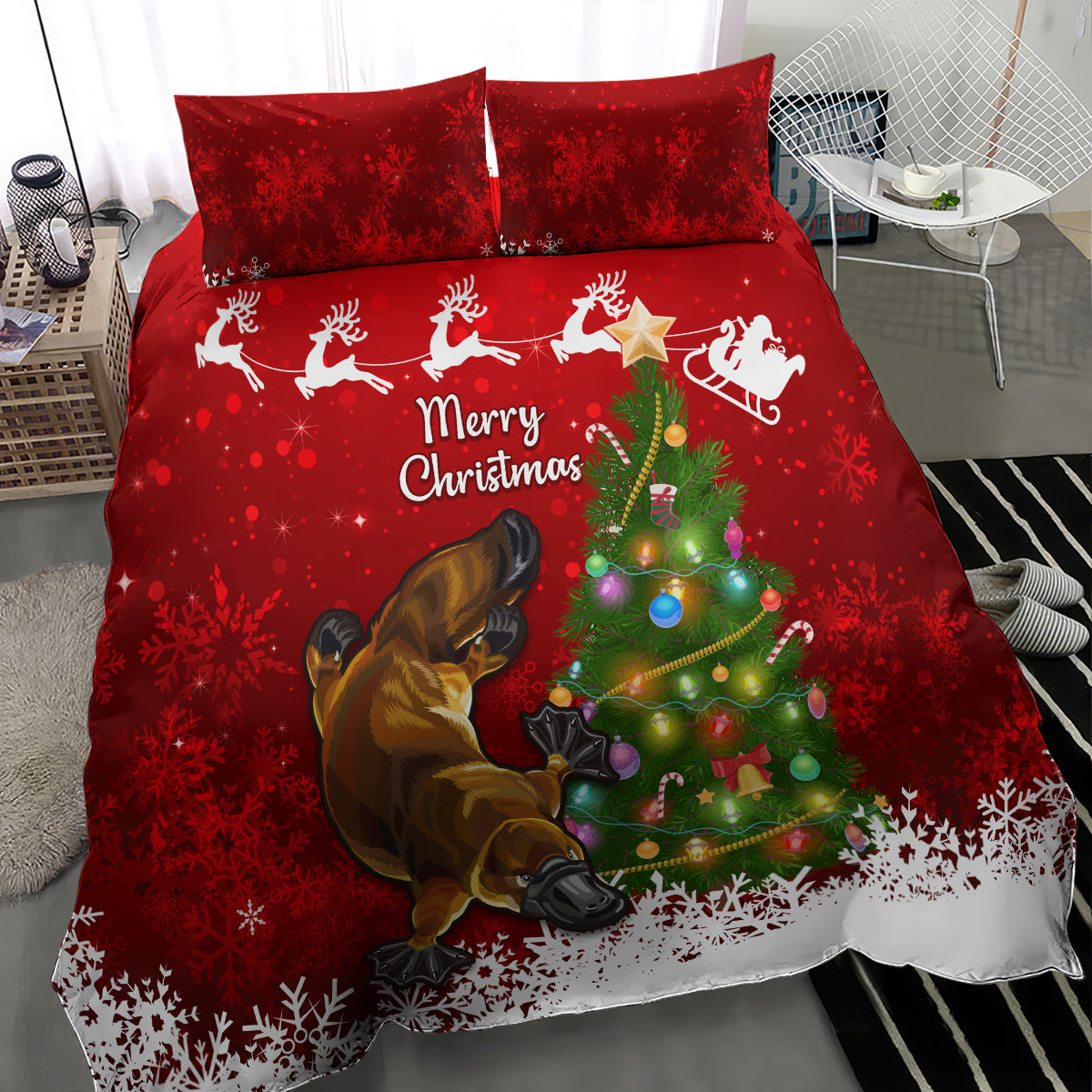 Australia Christmas Bedding Set Aussie Platypus Xmas Vibes - Vibe Hoodie Shop