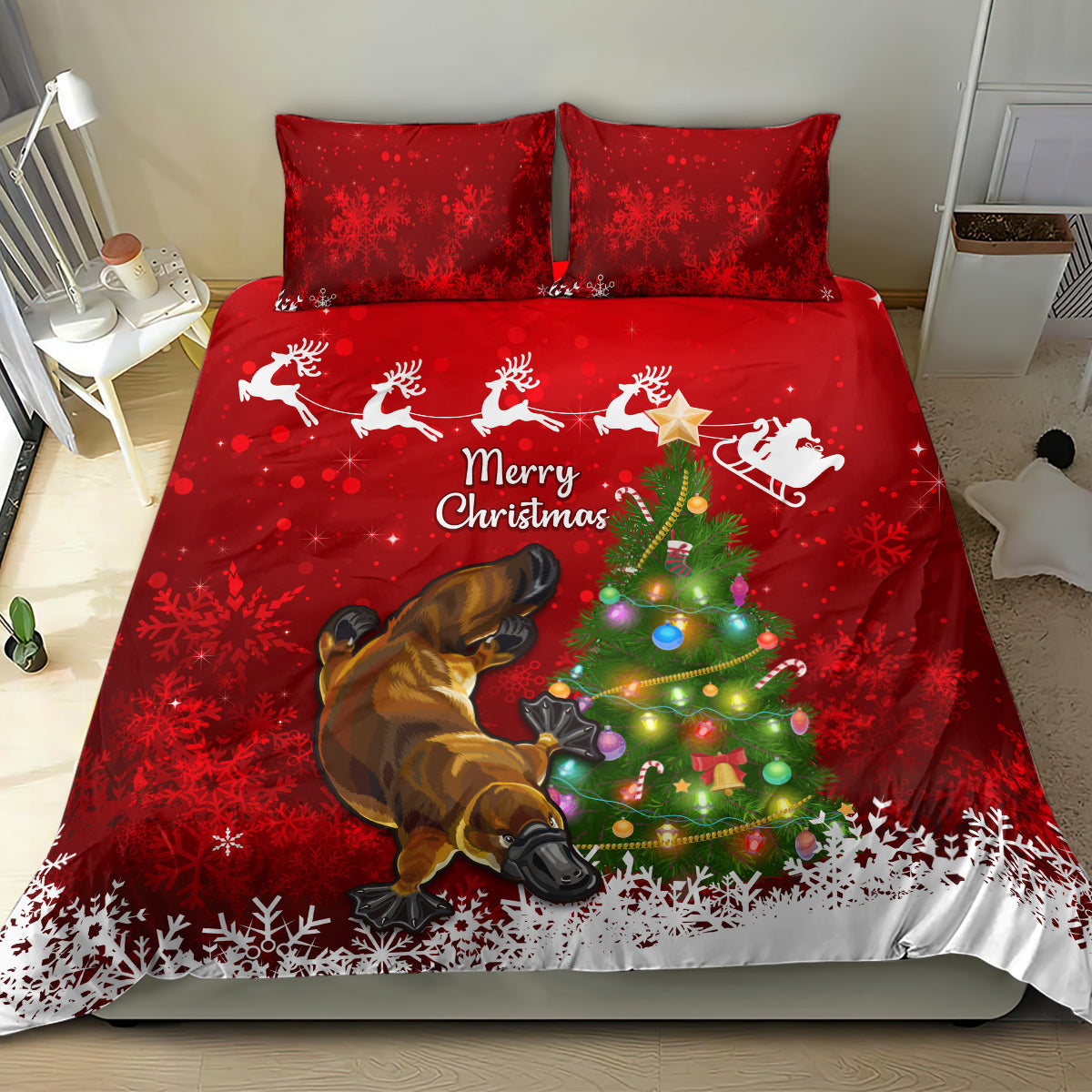 Australia Christmas Bedding Set Aussie Platypus Xmas Vibes - Vibe Hoodie Shop