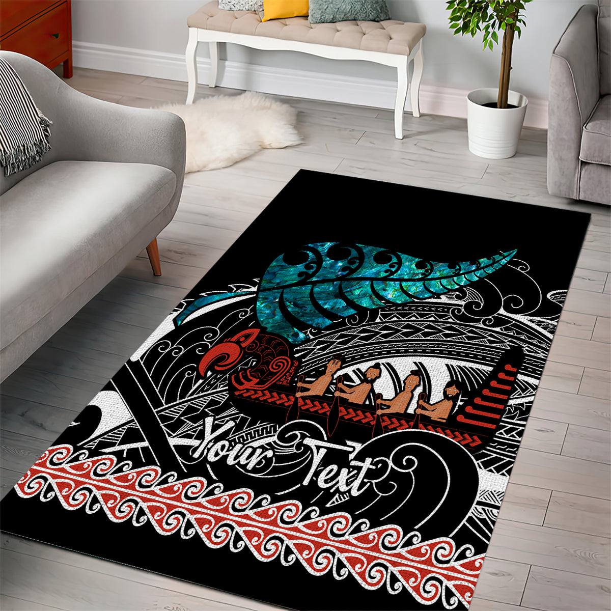 Personalised New Zealand Waka Area Rug Aotearoa Maori Silver Fern Pattern - Vibe Hoodie Shop