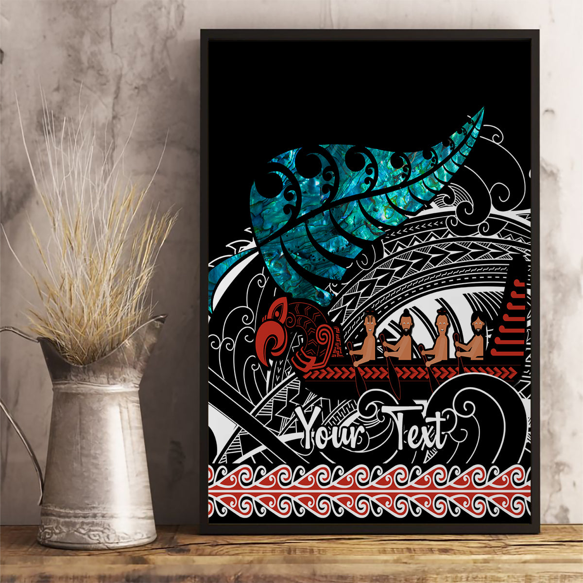 personalised-new-zealand-waka-canvas-wall-art-aotearoa-maori-silver-fern-pattern