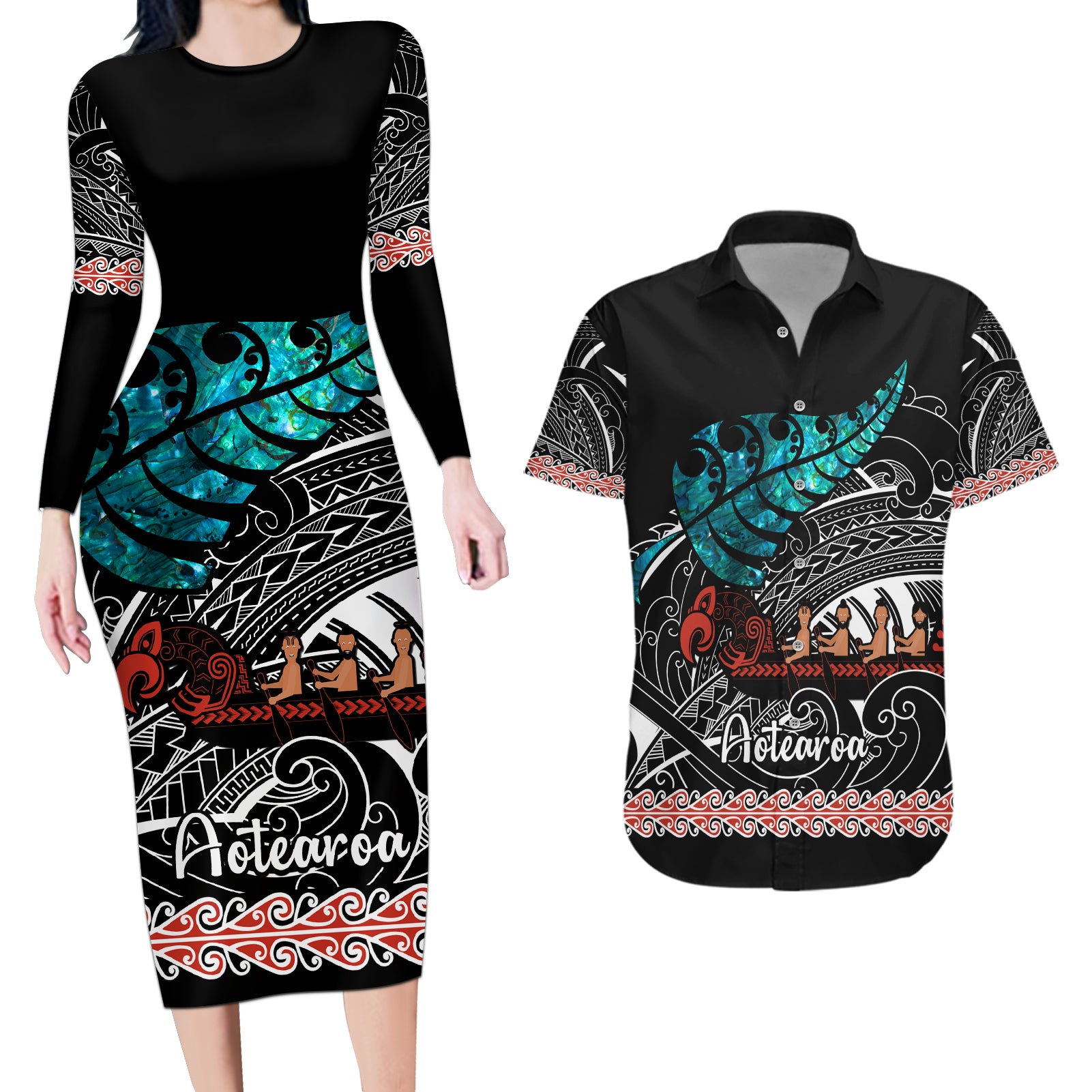 personalised-new-zealand-waka-couples-matching-long-sleeve-bodycon-dress-and-hawaiian-shirt-aotearoa-maori-silver-fern-pattern