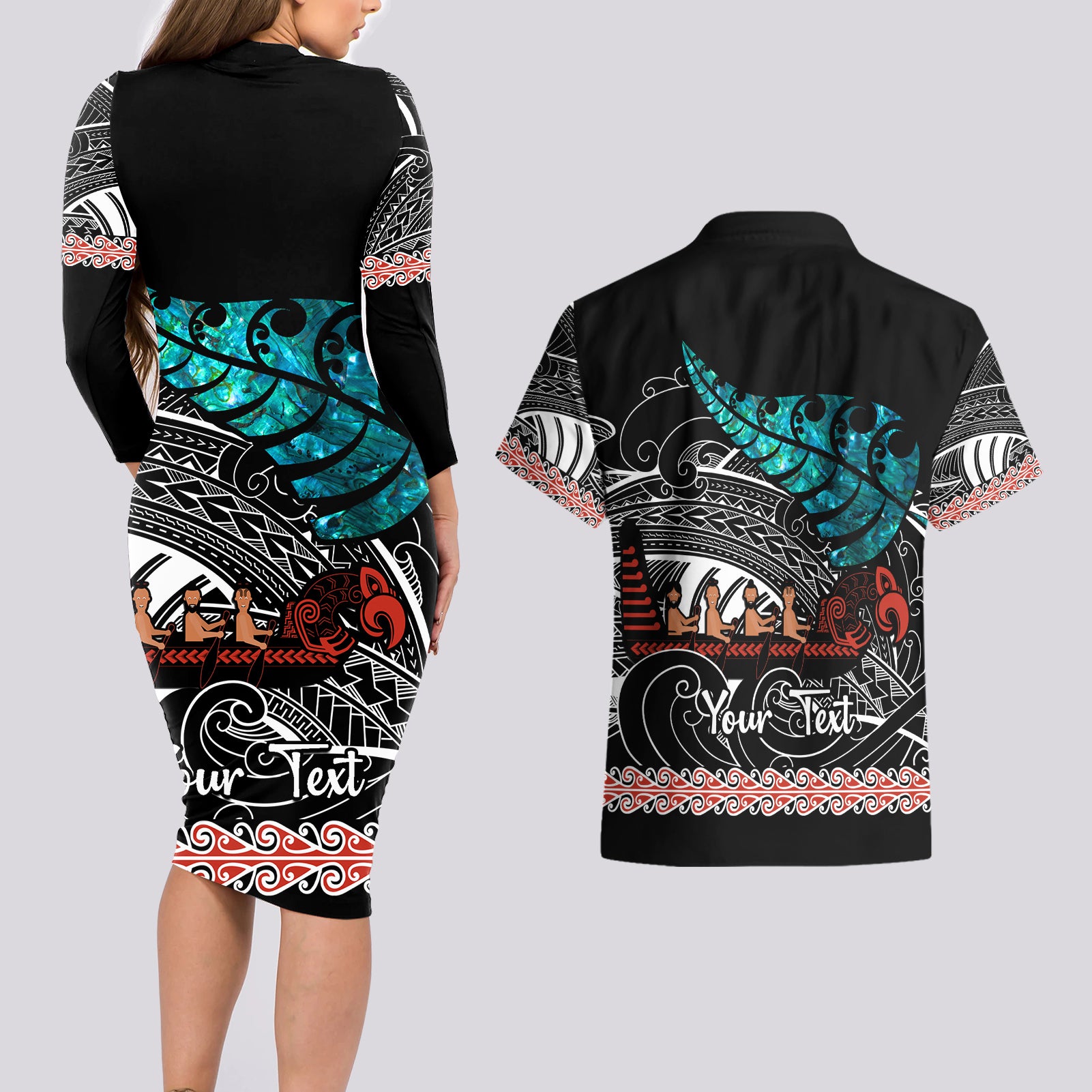 personalised-new-zealand-waka-couples-matching-long-sleeve-bodycon-dress-and-hawaiian-shirt-aotearoa-maori-silver-fern-pattern