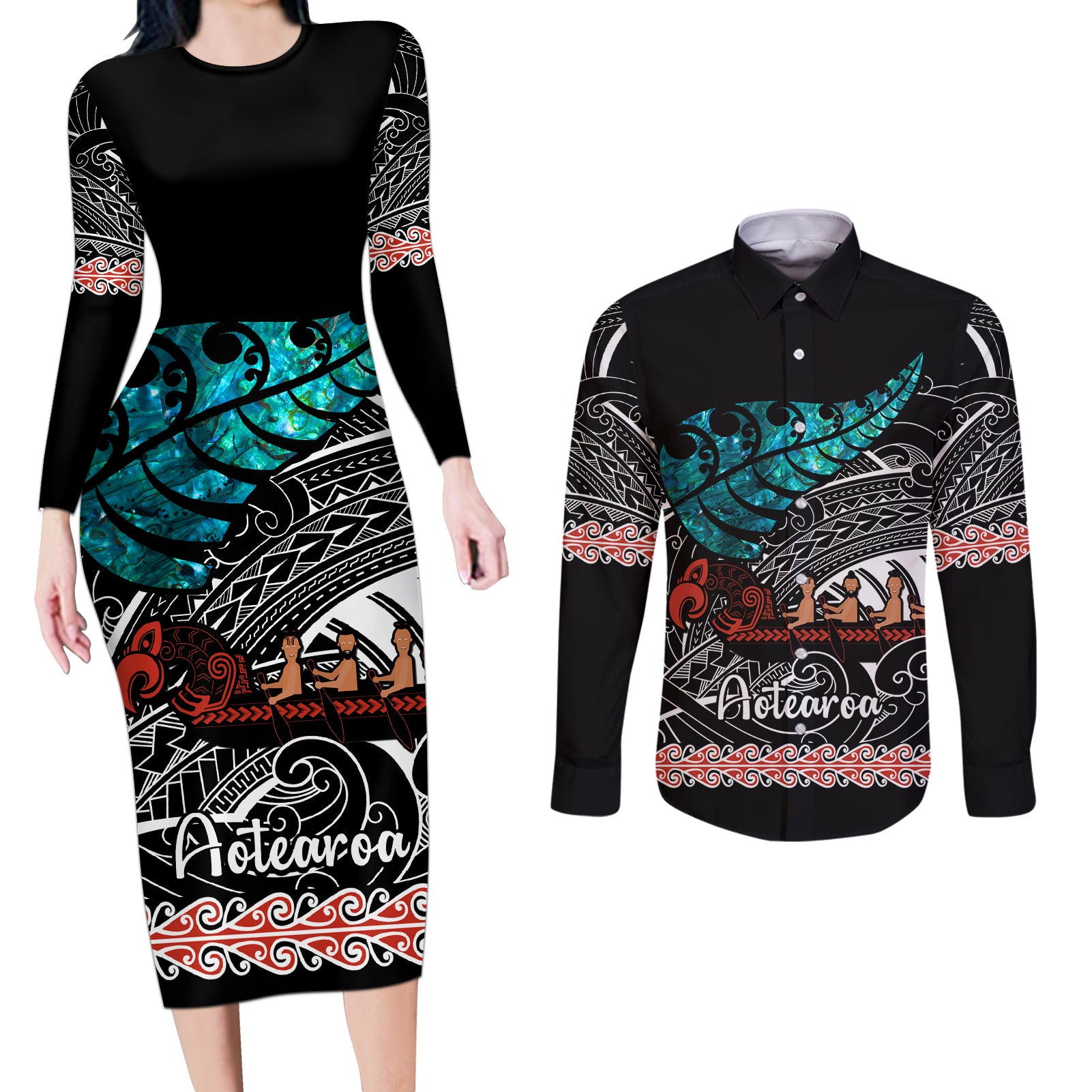 personalised-new-zealand-waka-couples-matching-long-sleeve-bodycon-dress-and-long-sleeve-button-shirt-aotearoa-maori-silver-fern-pattern