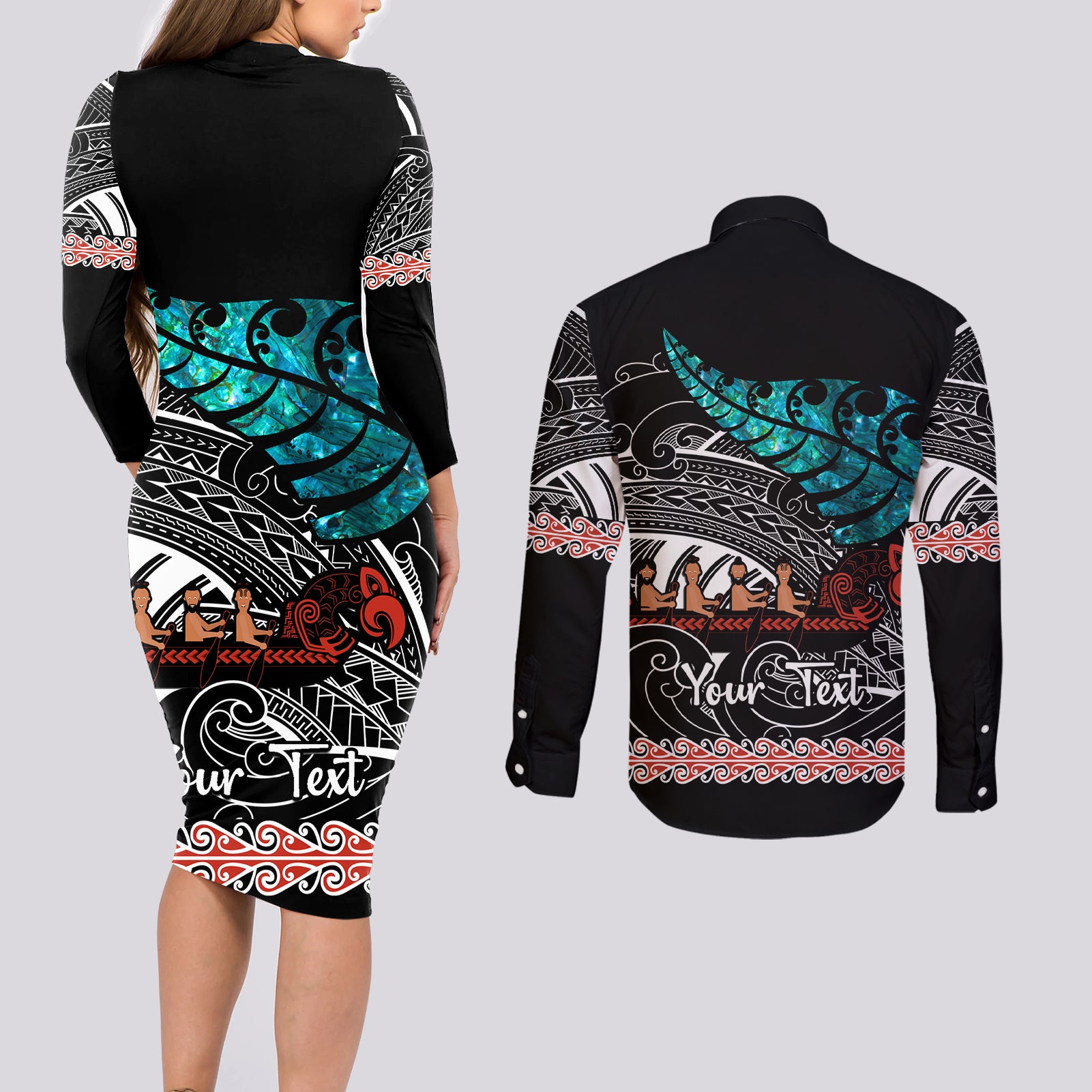 personalised-new-zealand-waka-couples-matching-long-sleeve-bodycon-dress-and-long-sleeve-button-shirt-aotearoa-maori-silver-fern-pattern