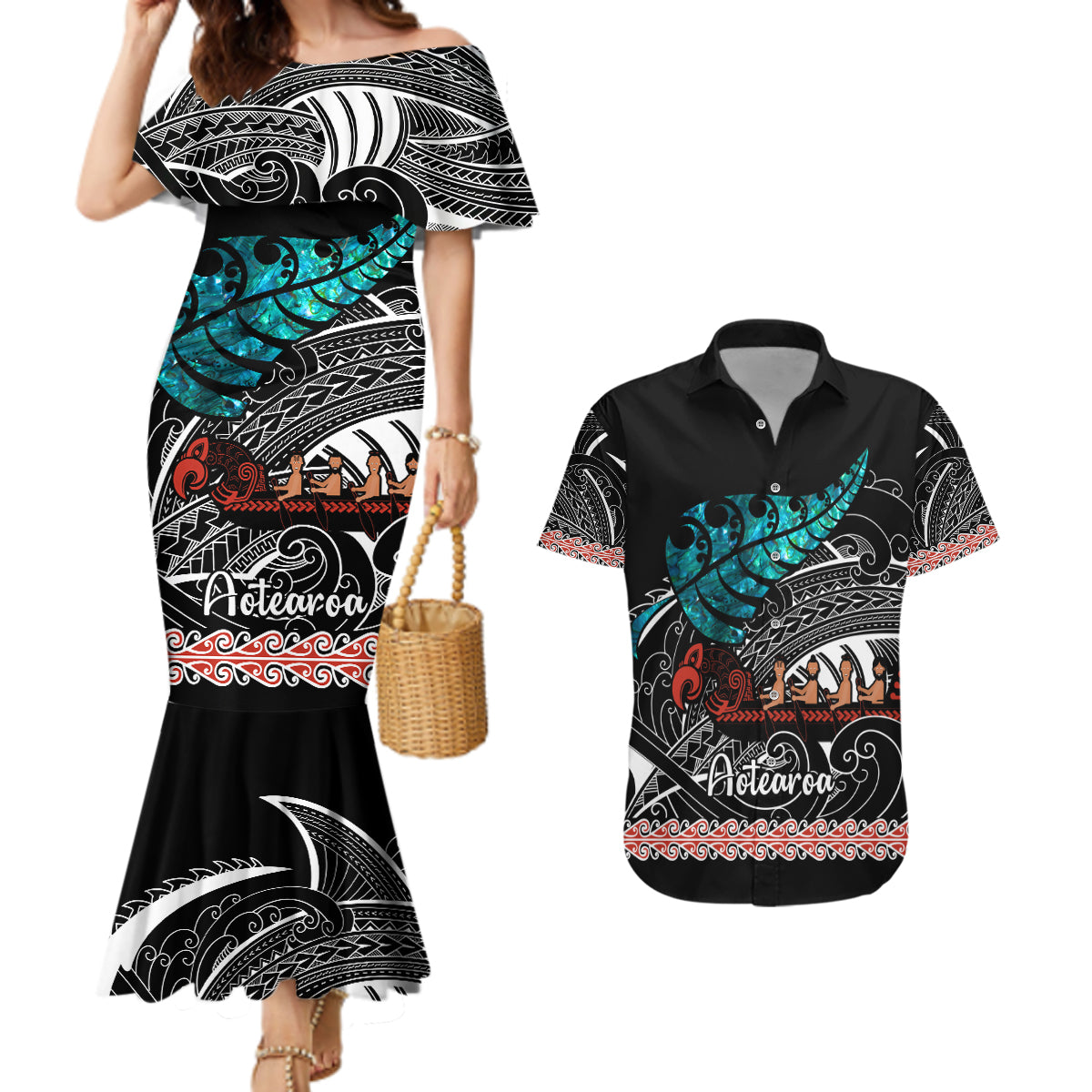 personalised-new-zealand-waka-couples-matching-mermaid-dress-and-hawaiian-shirt-aotearoa-maori-silver-fern-pattern