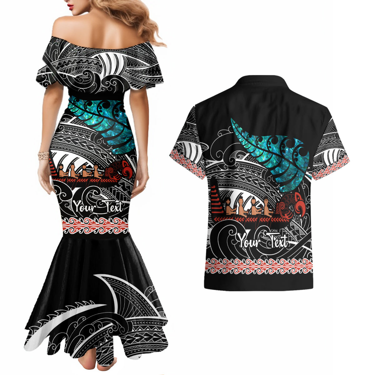 personalised-new-zealand-waka-couples-matching-mermaid-dress-and-hawaiian-shirt-aotearoa-maori-silver-fern-pattern