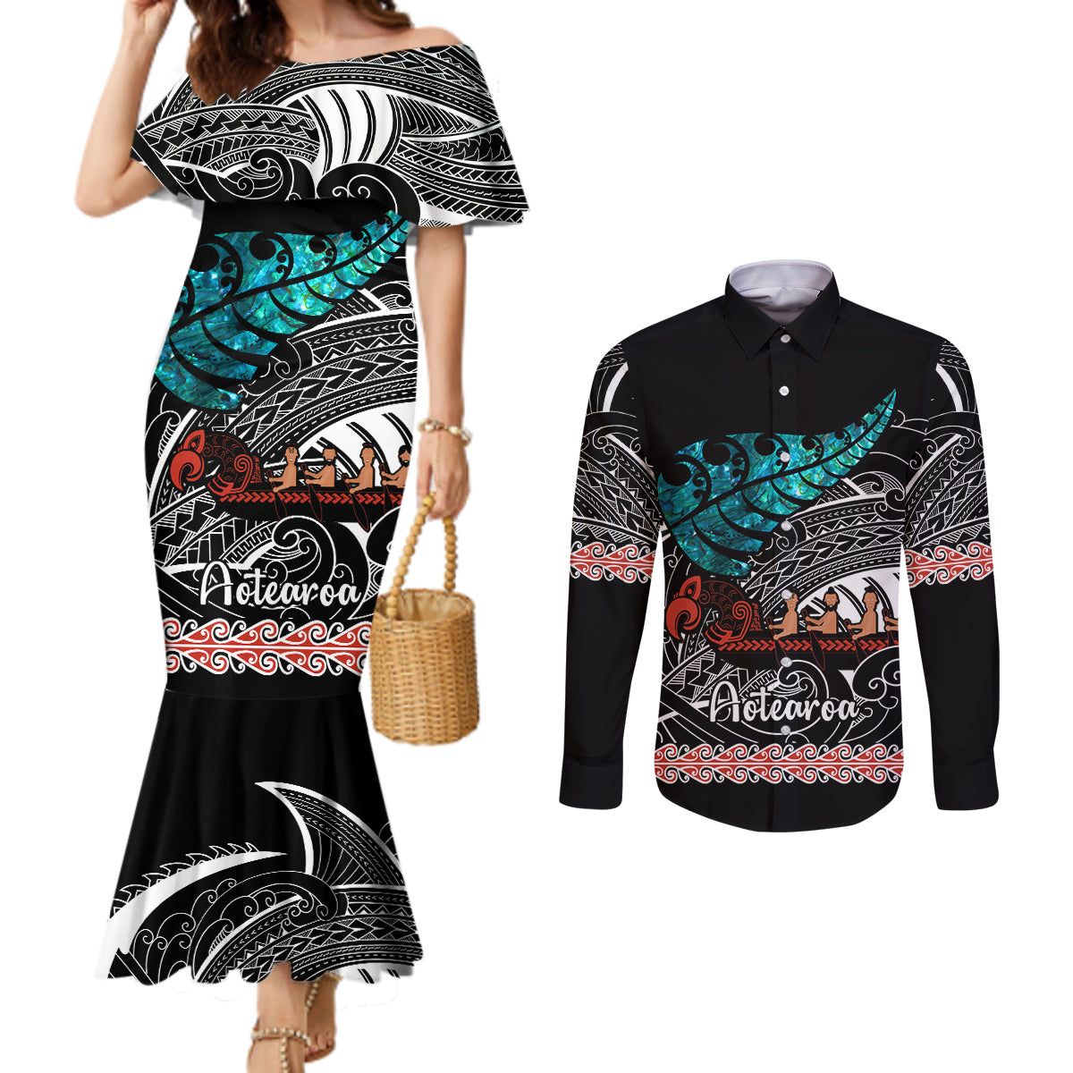 personalised-new-zealand-waka-couples-matching-mermaid-dress-and-long-sleeve-button-shirt-aotearoa-maori-silver-fern-pattern