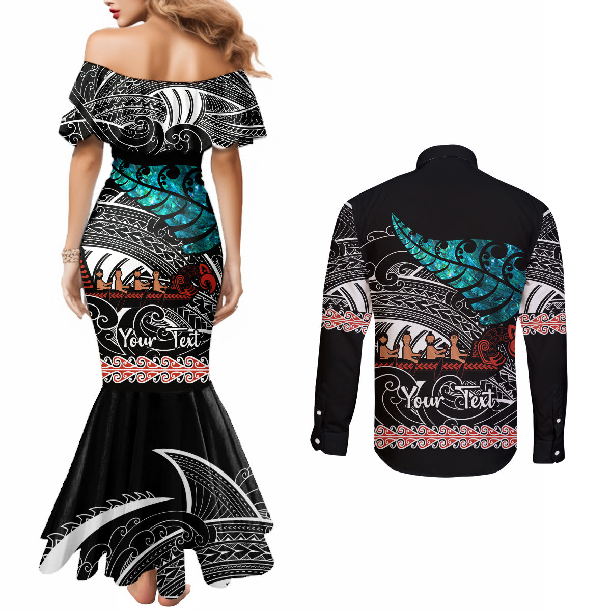 personalised-new-zealand-waka-couples-matching-mermaid-dress-and-long-sleeve-button-shirt-aotearoa-maori-silver-fern-pattern