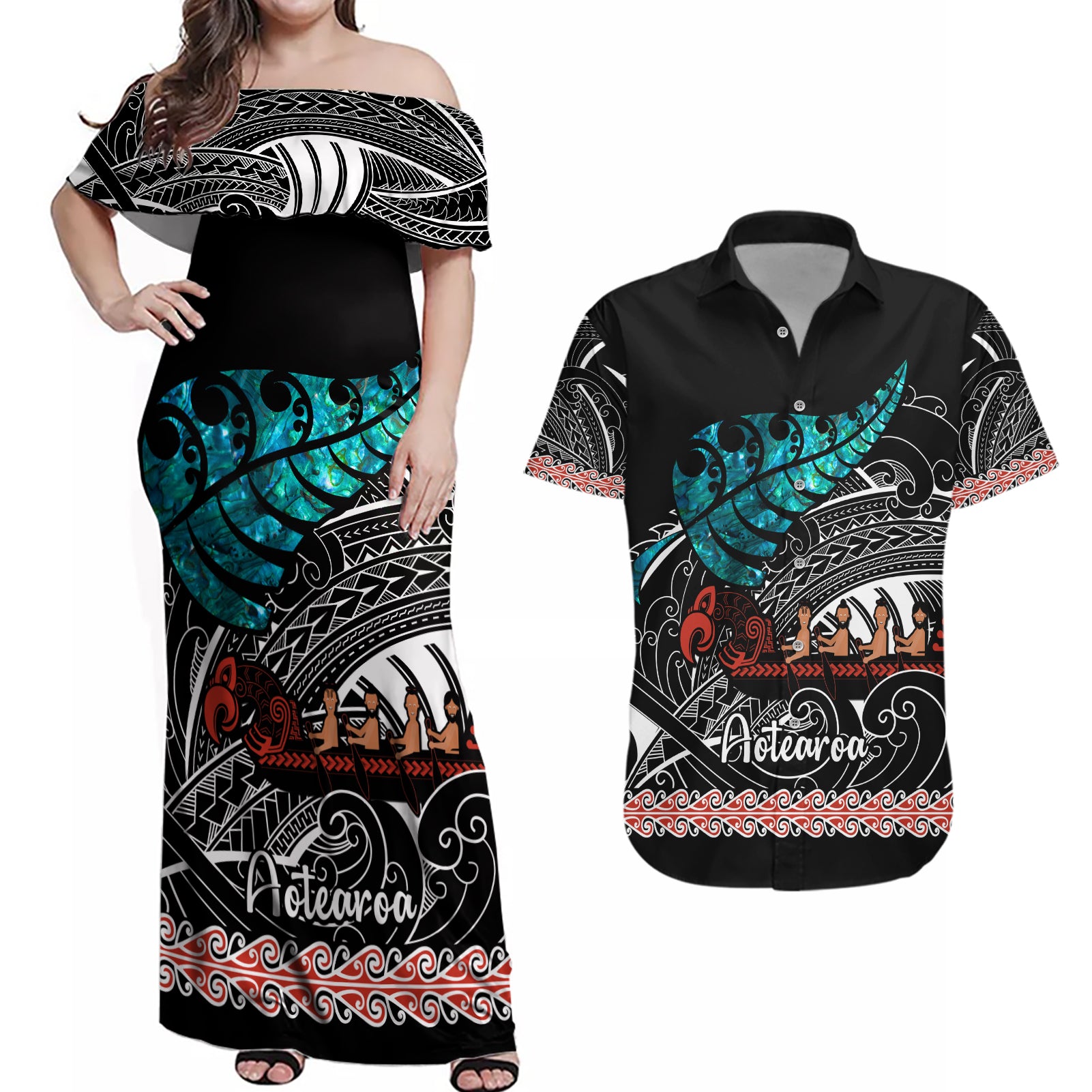 personalised-new-zealand-waka-couples-matching-off-shoulder-maxi-dress-and-hawaiian-shirt-aotearoa-maori-silver-fern-pattern