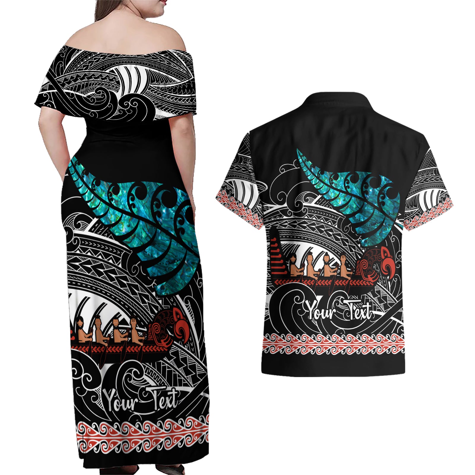 personalised-new-zealand-waka-couples-matching-off-shoulder-maxi-dress-and-hawaiian-shirt-aotearoa-maori-silver-fern-pattern