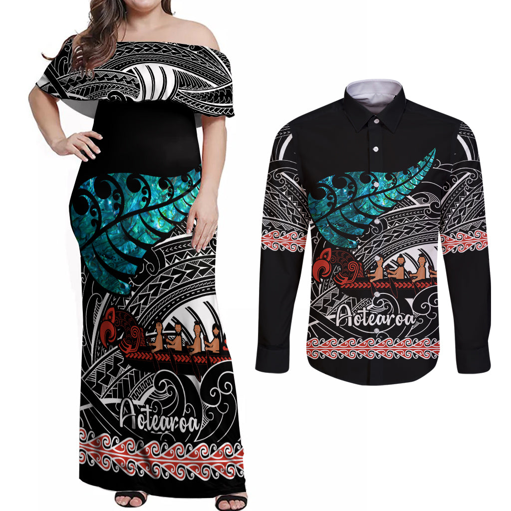 personalised-new-zealand-waka-couples-matching-off-shoulder-maxi-dress-and-long-sleeve-button-shirt-aotearoa-maori-silver-fern-pattern