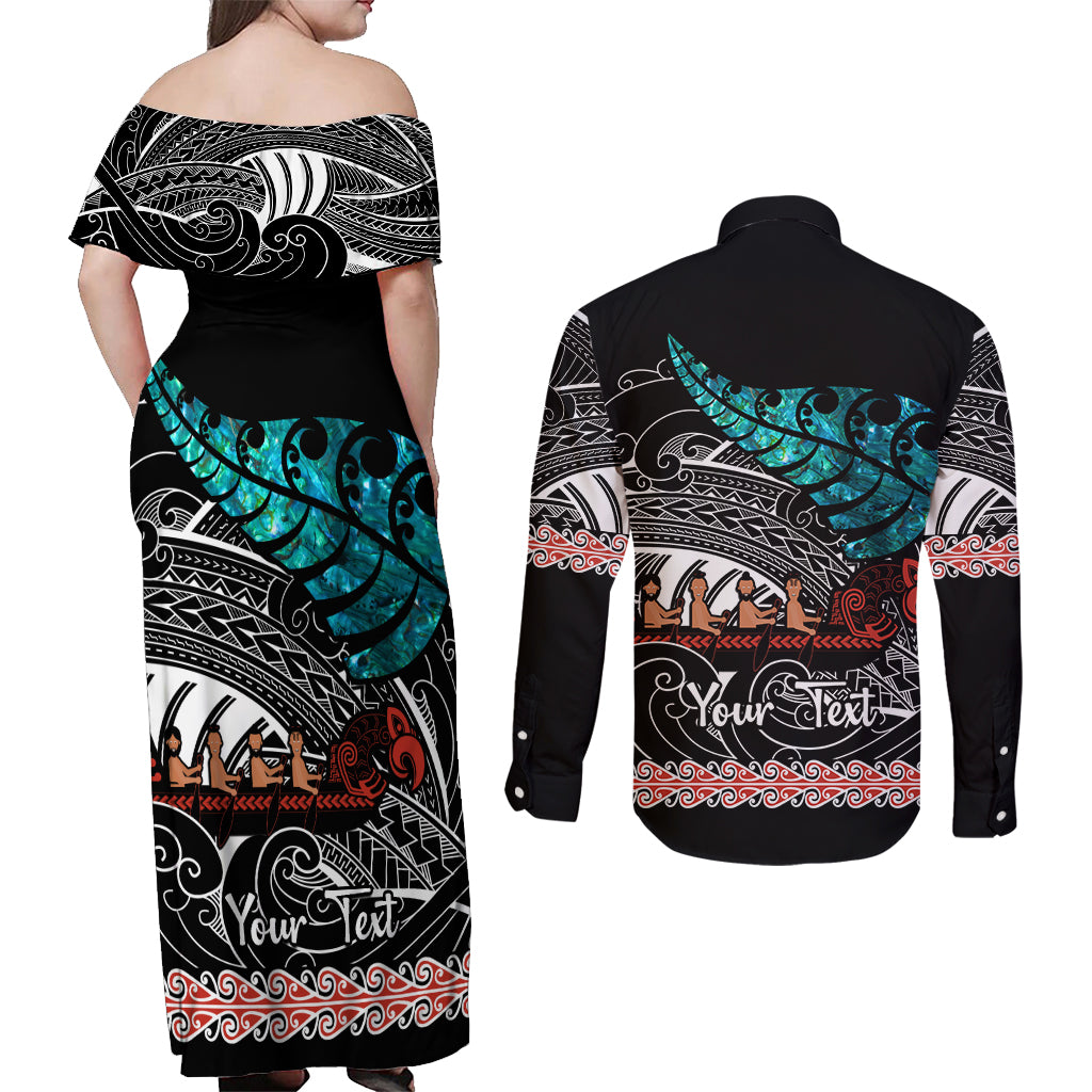 personalised-new-zealand-waka-couples-matching-off-shoulder-maxi-dress-and-long-sleeve-button-shirt-aotearoa-maori-silver-fern-pattern