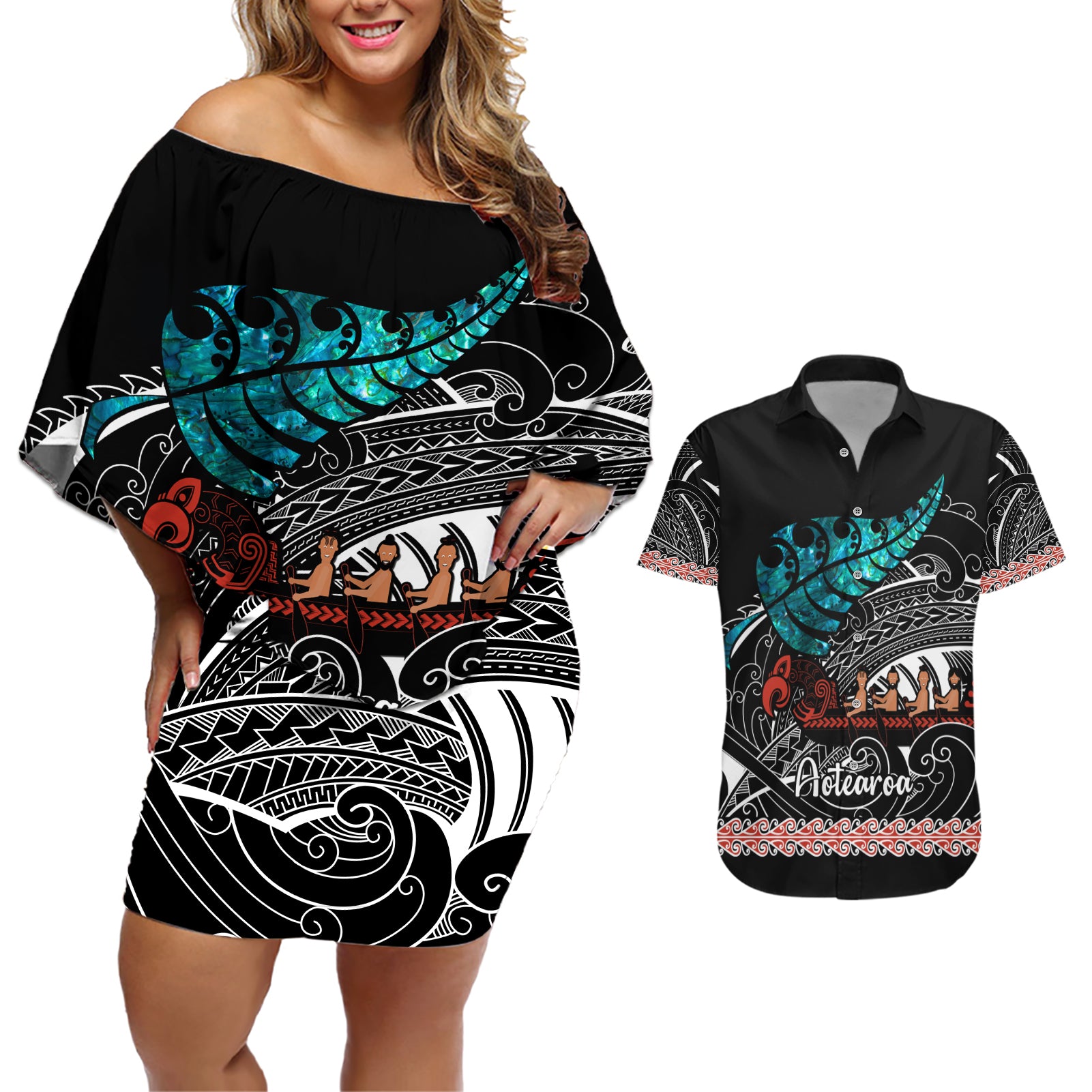 personalised-new-zealand-waka-couples-matching-off-shoulder-short-dress-and-hawaiian-shirt-aotearoa-maori-silver-fern-pattern