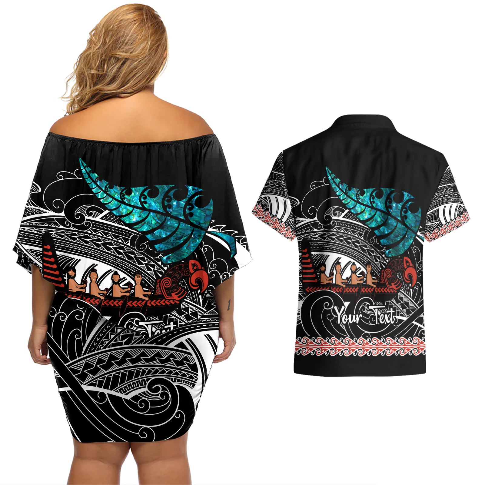 personalised-new-zealand-waka-couples-matching-off-shoulder-short-dress-and-hawaiian-shirt-aotearoa-maori-silver-fern-pattern