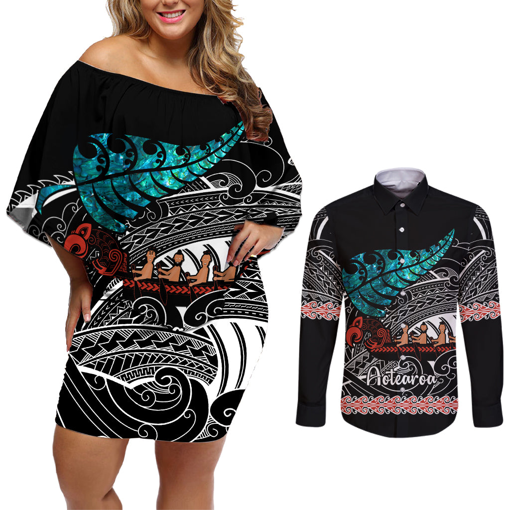 personalised-new-zealand-waka-couples-matching-off-shoulder-short-dress-and-long-sleeve-button-shirt-aotearoa-maori-silver-fern-pattern