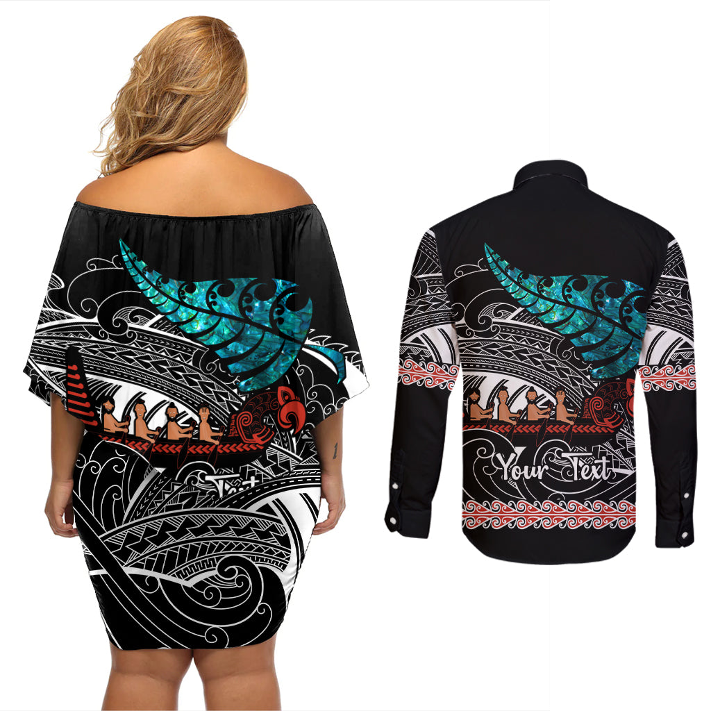 personalised-new-zealand-waka-couples-matching-off-shoulder-short-dress-and-long-sleeve-button-shirt-aotearoa-maori-silver-fern-pattern