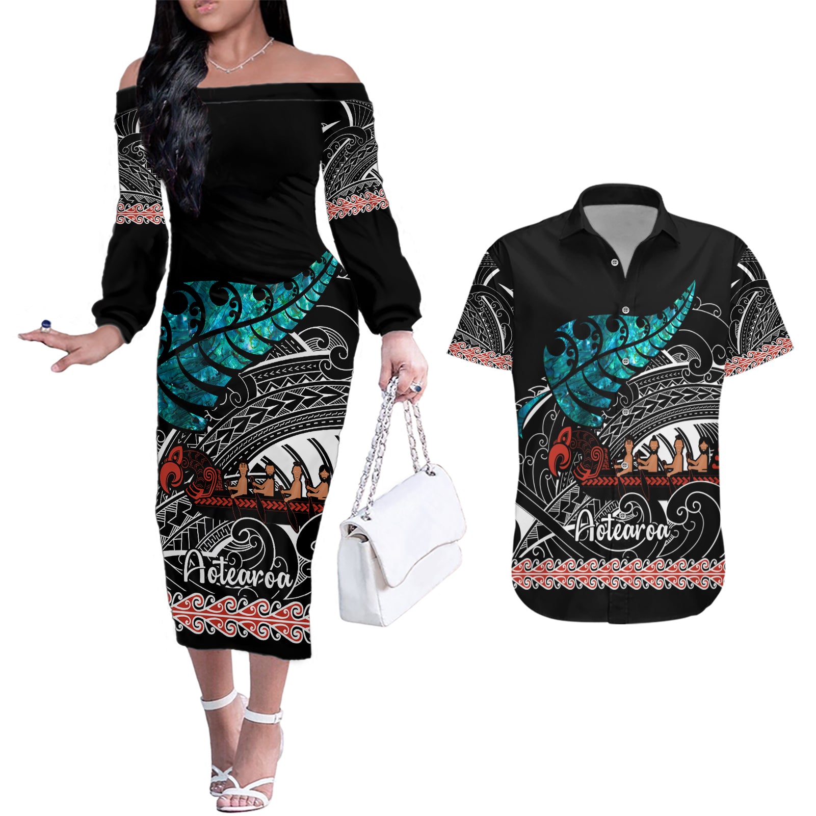 personalised-new-zealand-waka-couples-matching-off-the-shoulder-long-sleeve-dress-and-hawaiian-shirt-aotearoa-maori-silver-fern-pattern