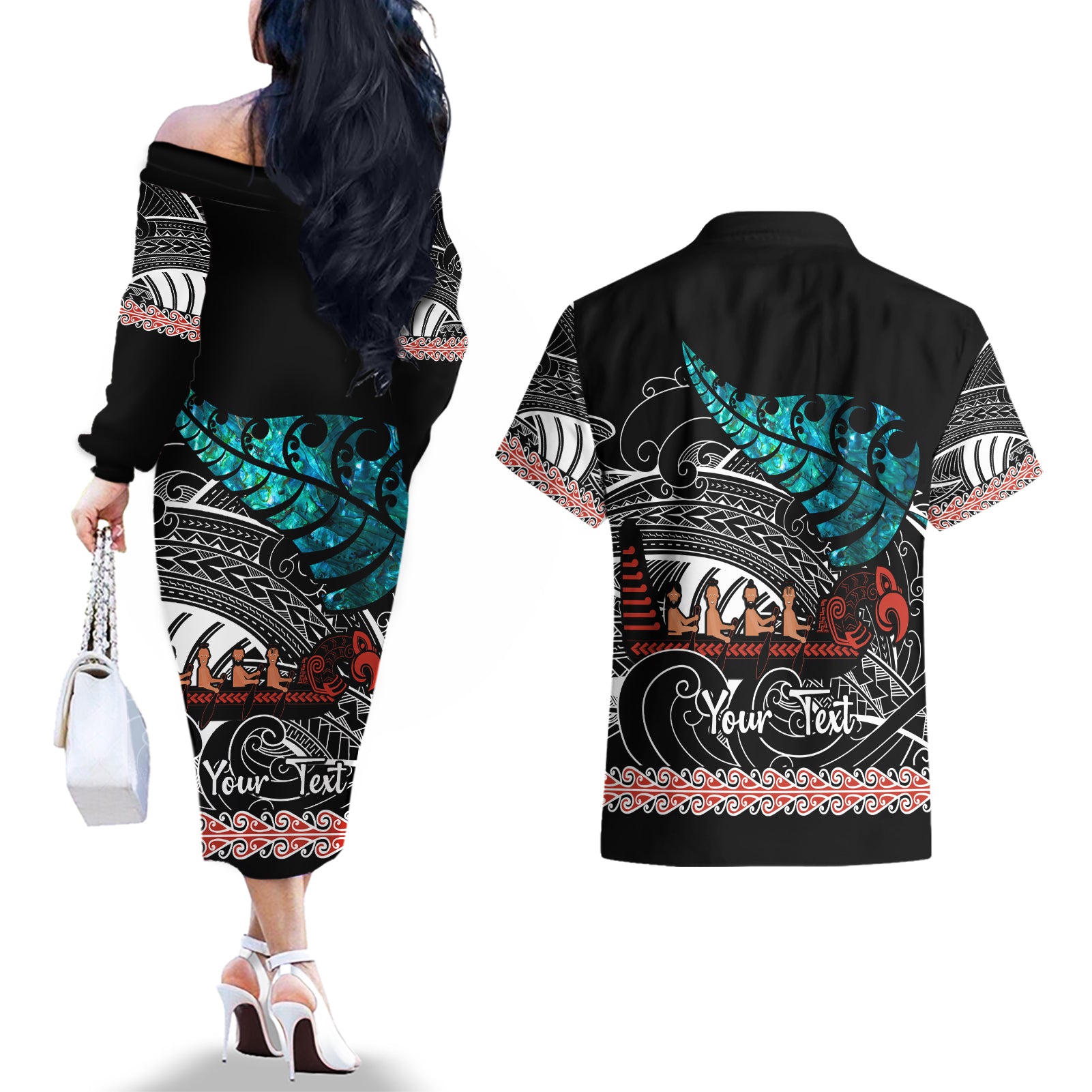 personalised-new-zealand-waka-couples-matching-off-the-shoulder-long-sleeve-dress-and-hawaiian-shirt-aotearoa-maori-silver-fern-pattern