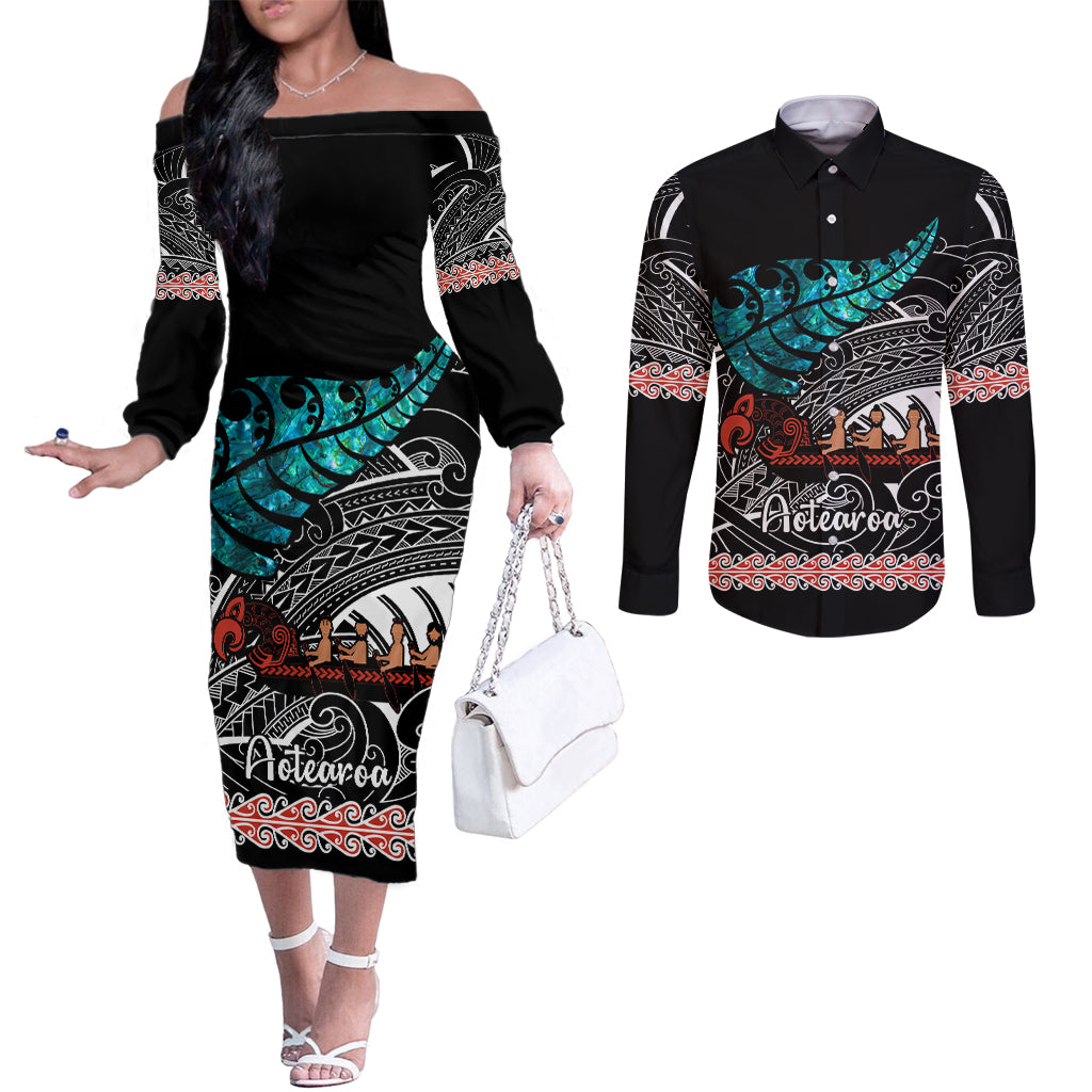 personalised-new-zealand-waka-couples-matching-off-the-shoulder-long-sleeve-dress-and-long-sleeve-button-shirt-aotearoa-maori-silver-fern-pattern