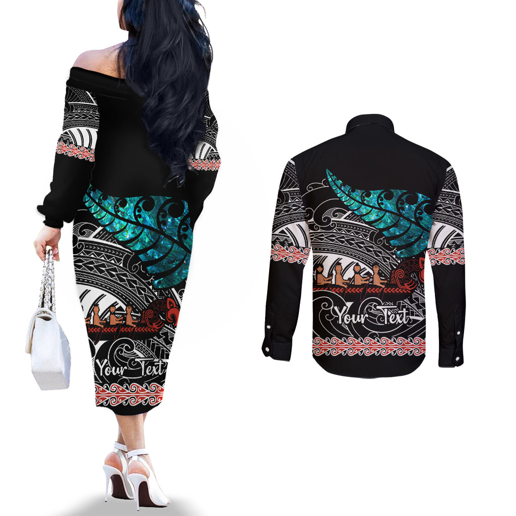 personalised-new-zealand-waka-couples-matching-off-the-shoulder-long-sleeve-dress-and-long-sleeve-button-shirt-aotearoa-maori-silver-fern-pattern