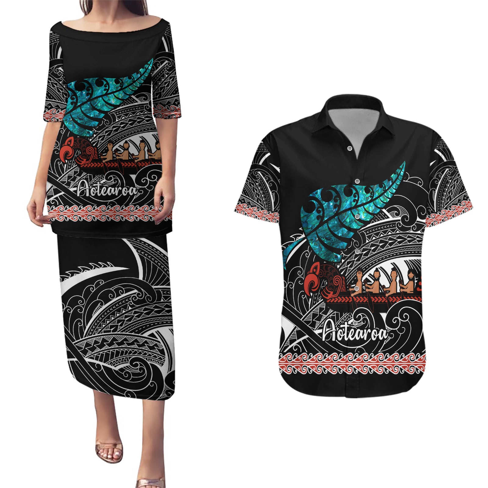 personalised-new-zealand-waka-couples-matching-puletasi-dress-and-hawaiian-shirt-aotearoa-maori-silver-fern-pattern