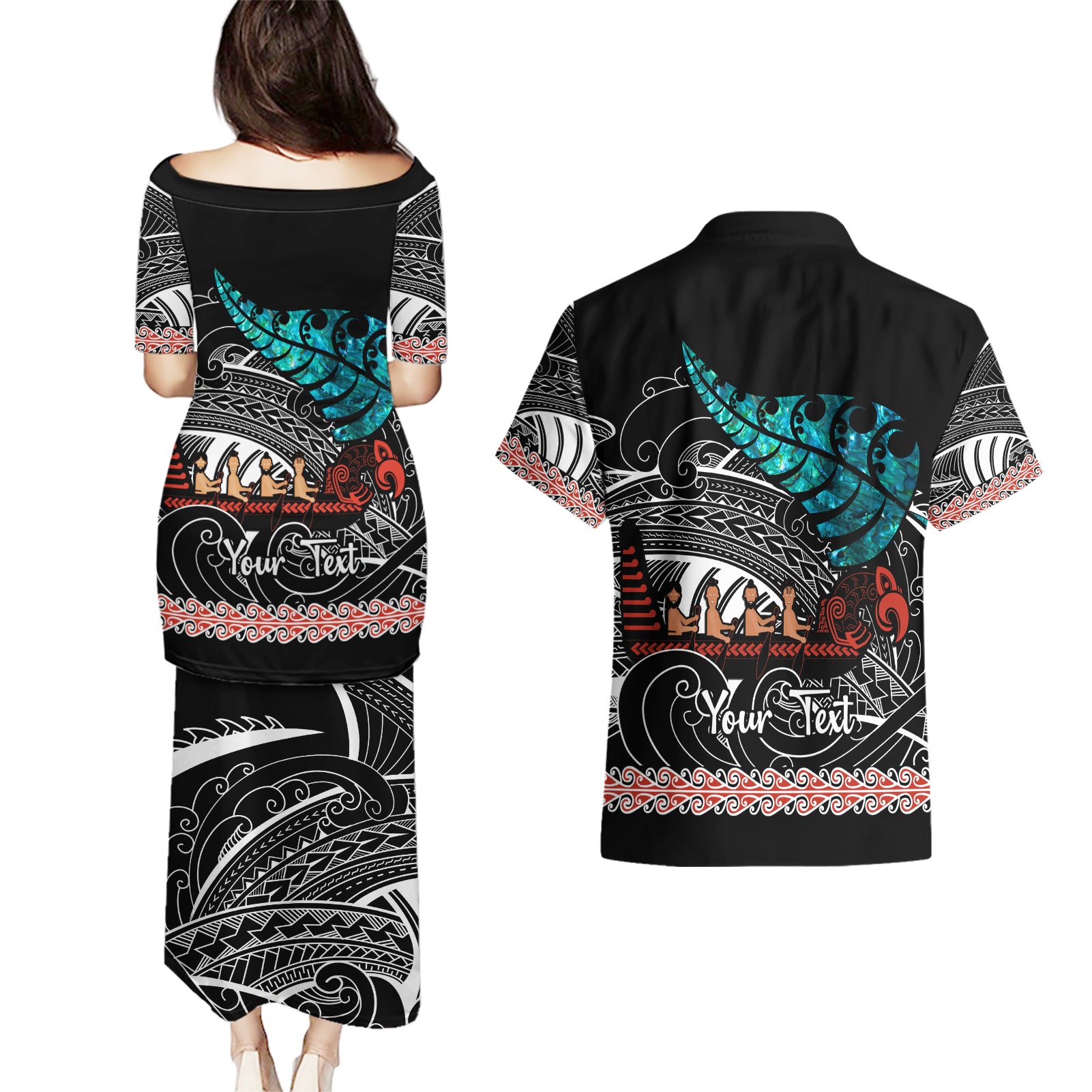 personalised-new-zealand-waka-couples-matching-puletasi-dress-and-hawaiian-shirt-aotearoa-maori-silver-fern-pattern