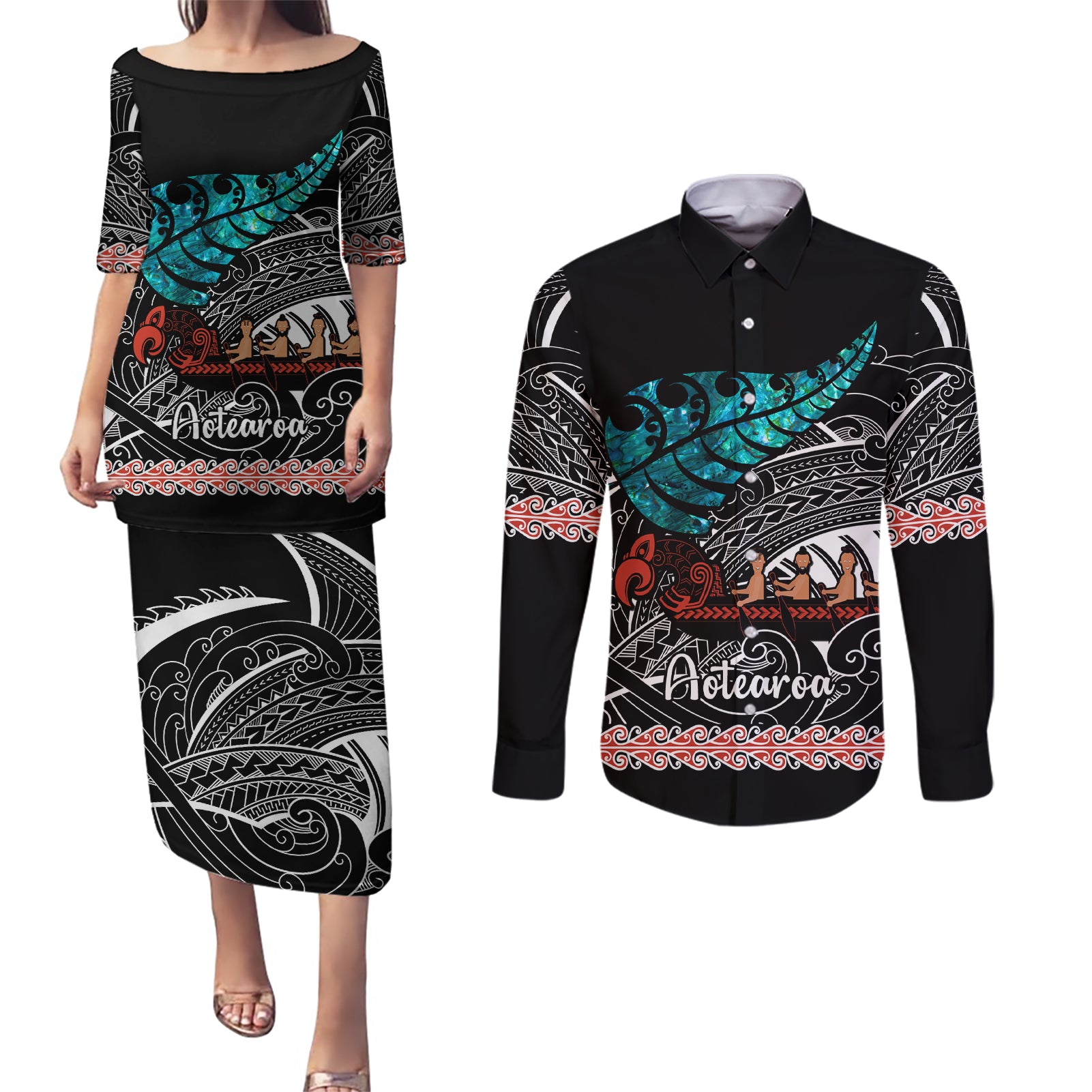 personalised-new-zealand-waka-couples-matching-puletasi-dress-and-long-sleeve-button-shirt-aotearoa-maori-silver-fern-pattern