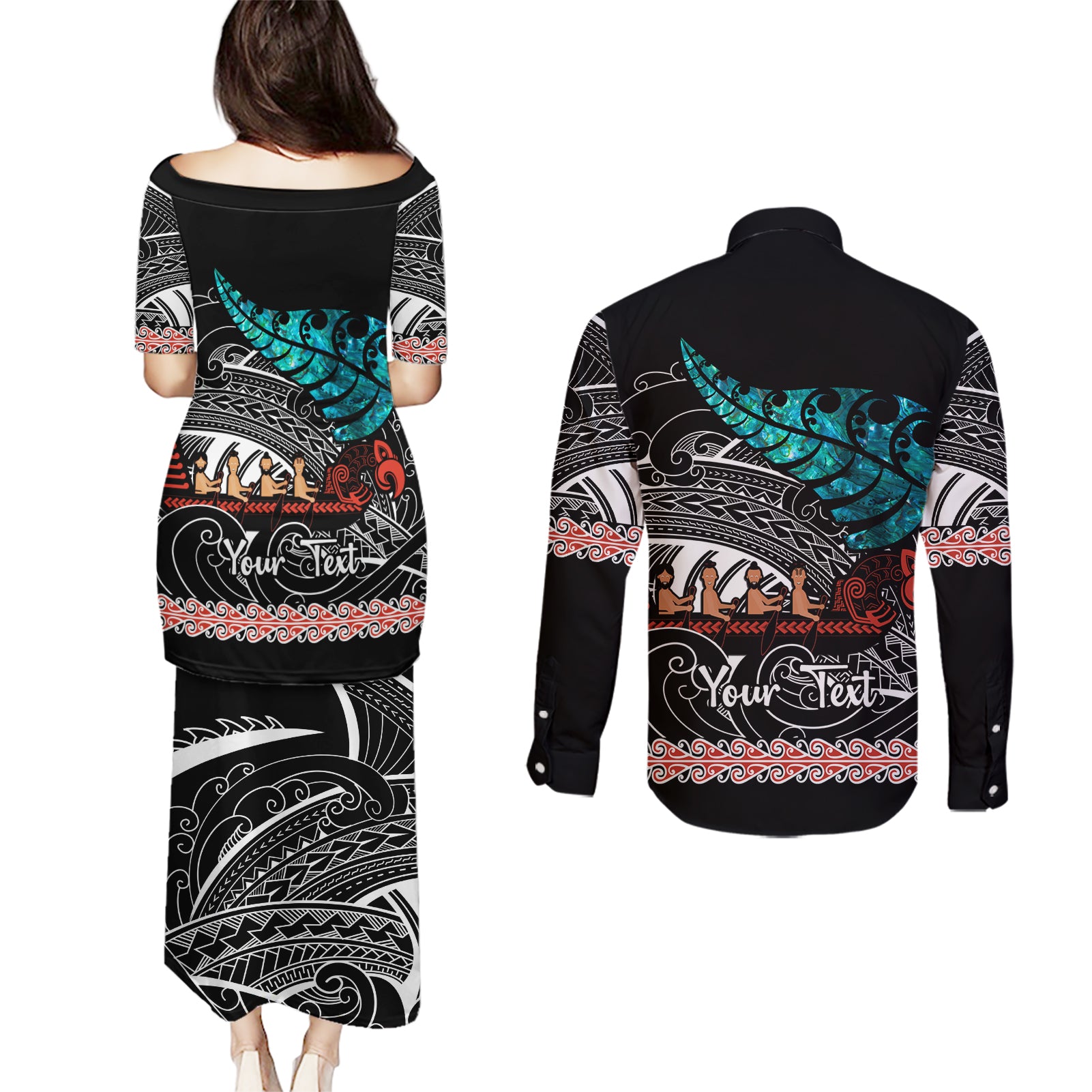 personalised-new-zealand-waka-couples-matching-puletasi-dress-and-long-sleeve-button-shirt-aotearoa-maori-silver-fern-pattern