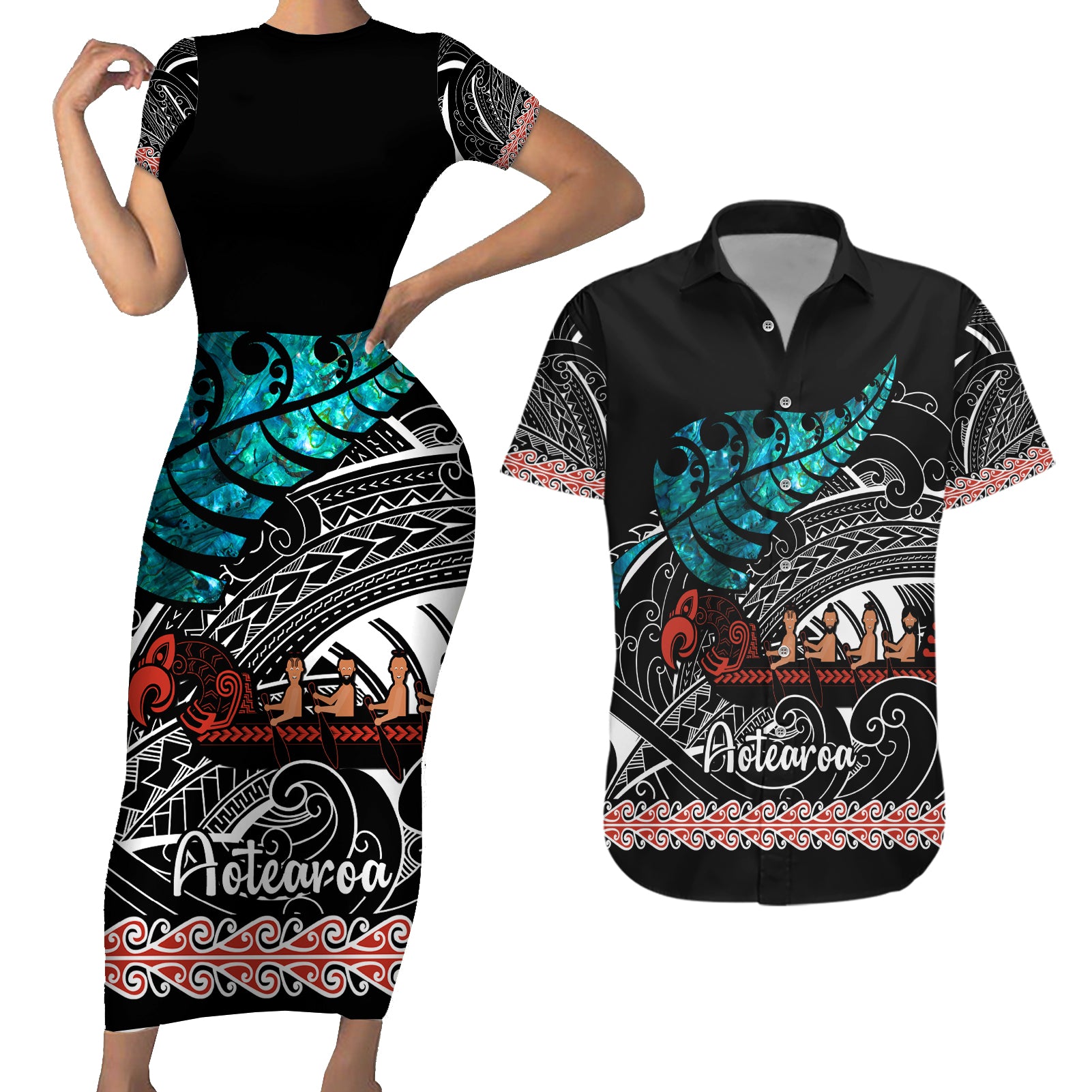 personalised-new-zealand-waka-couples-matching-short-sleeve-bodycon-dress-and-hawaiian-shirt-aotearoa-maori-silver-fern-pattern