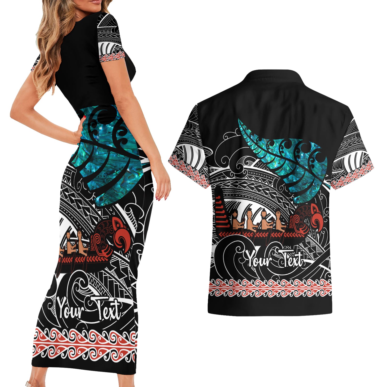 personalised-new-zealand-waka-couples-matching-short-sleeve-bodycon-dress-and-hawaiian-shirt-aotearoa-maori-silver-fern-pattern