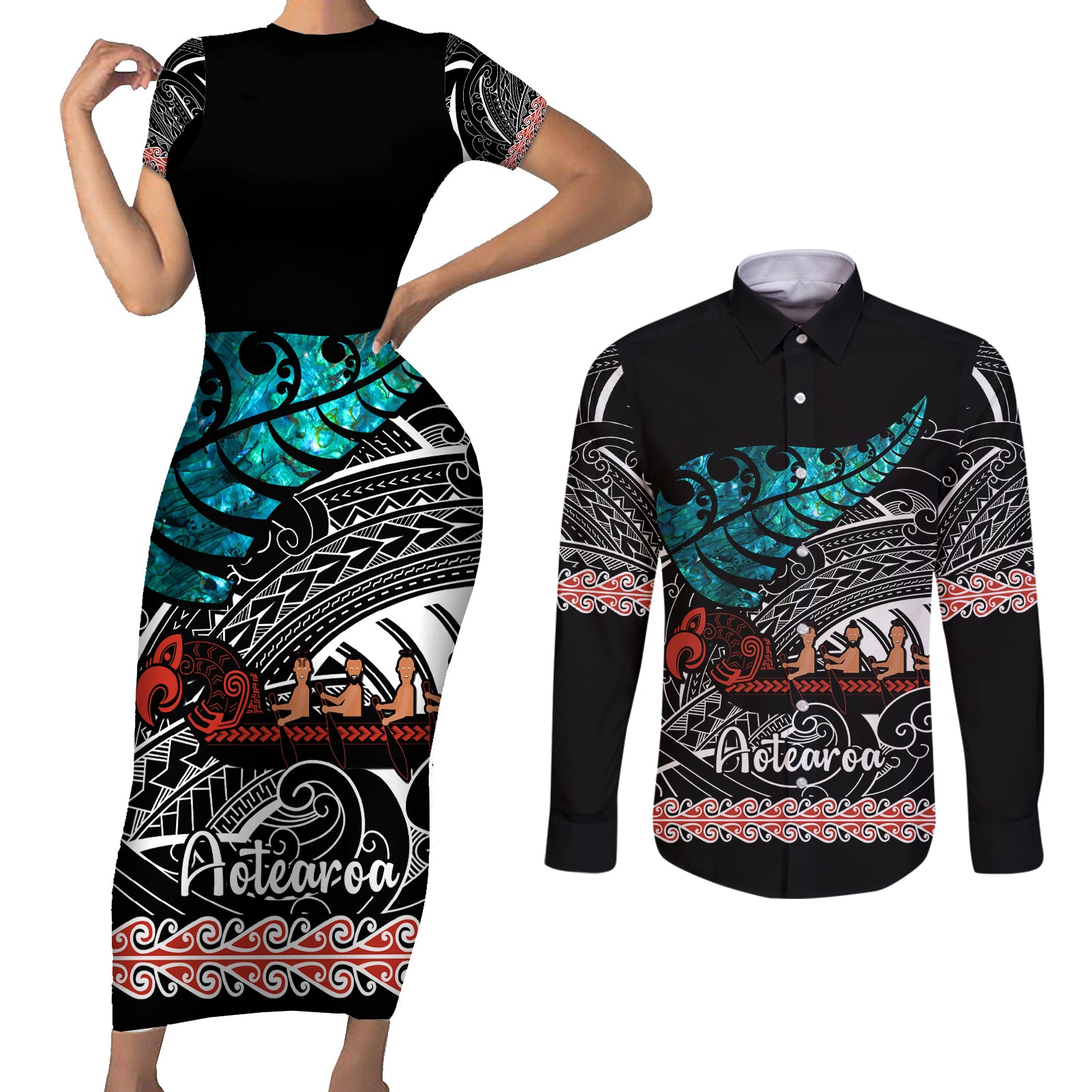 personalised-new-zealand-waka-couples-matching-short-sleeve-bodycon-dress-and-long-sleeve-button-shirt-aotearoa-maori-silver-fern-pattern