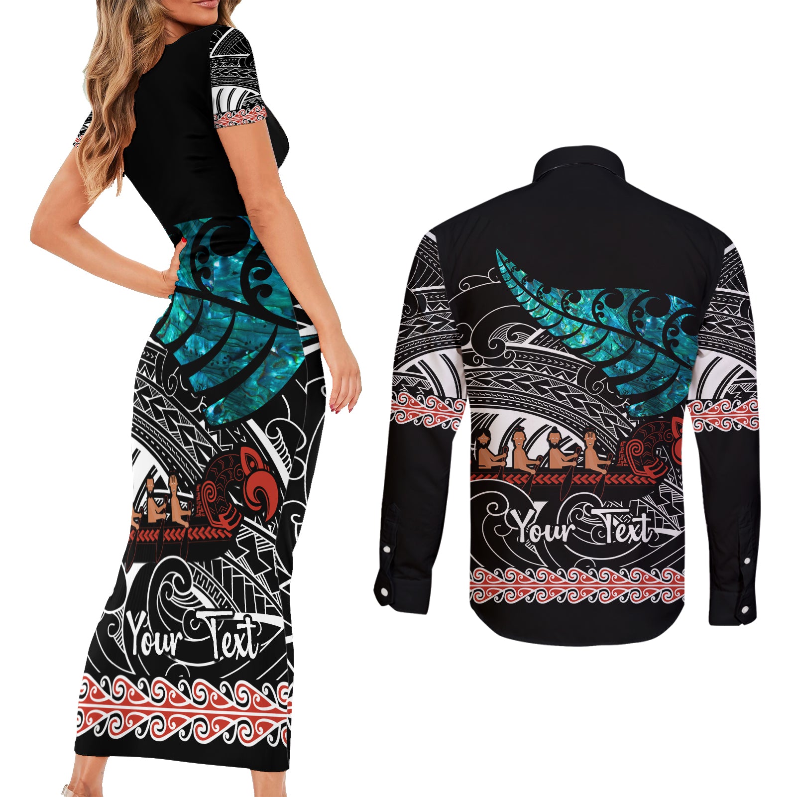 personalised-new-zealand-waka-couples-matching-short-sleeve-bodycon-dress-and-long-sleeve-button-shirt-aotearoa-maori-silver-fern-pattern