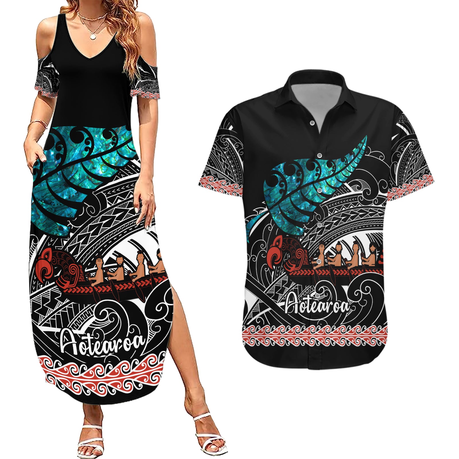 personalised-new-zealand-waka-couples-matching-summer-maxi-dress-and-hawaiian-shirt-aotearoa-maori-silver-fern-pattern