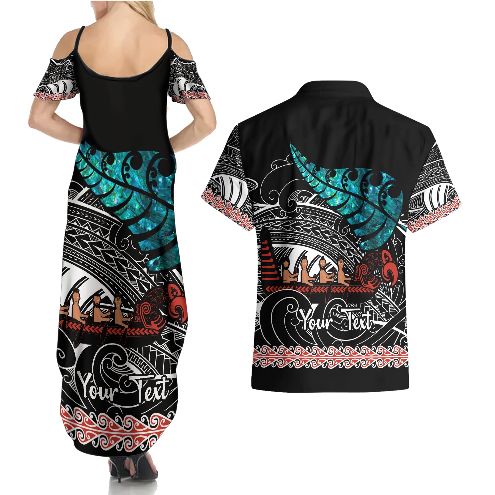 personalised-new-zealand-waka-couples-matching-summer-maxi-dress-and-hawaiian-shirt-aotearoa-maori-silver-fern-pattern