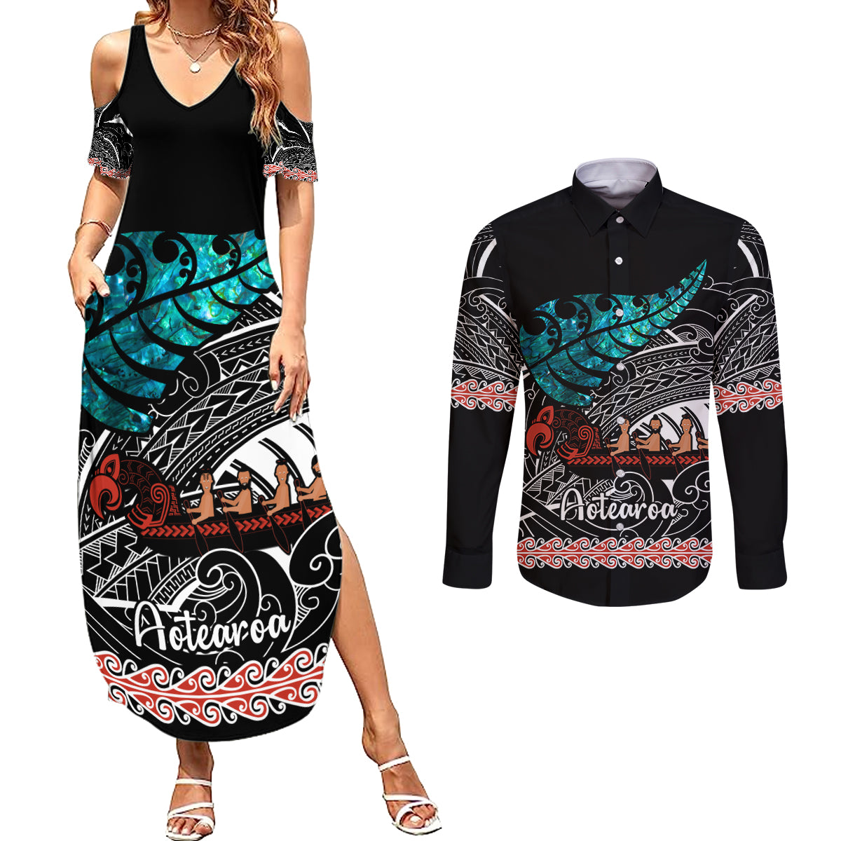 personalised-new-zealand-waka-couples-matching-summer-maxi-dress-and-long-sleeve-button-shirt-aotearoa-maori-silver-fern-pattern