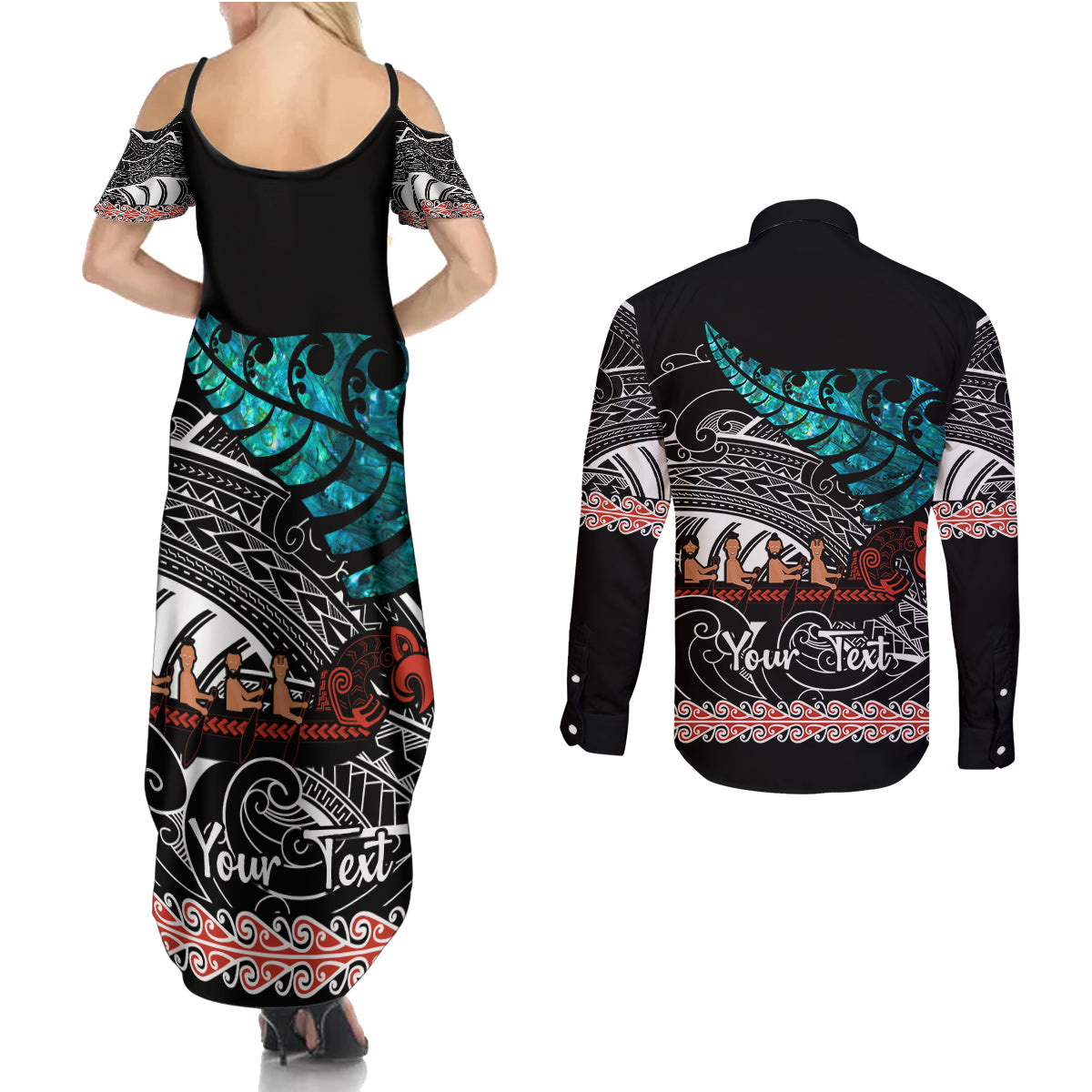 personalised-new-zealand-waka-couples-matching-summer-maxi-dress-and-long-sleeve-button-shirt-aotearoa-maori-silver-fern-pattern