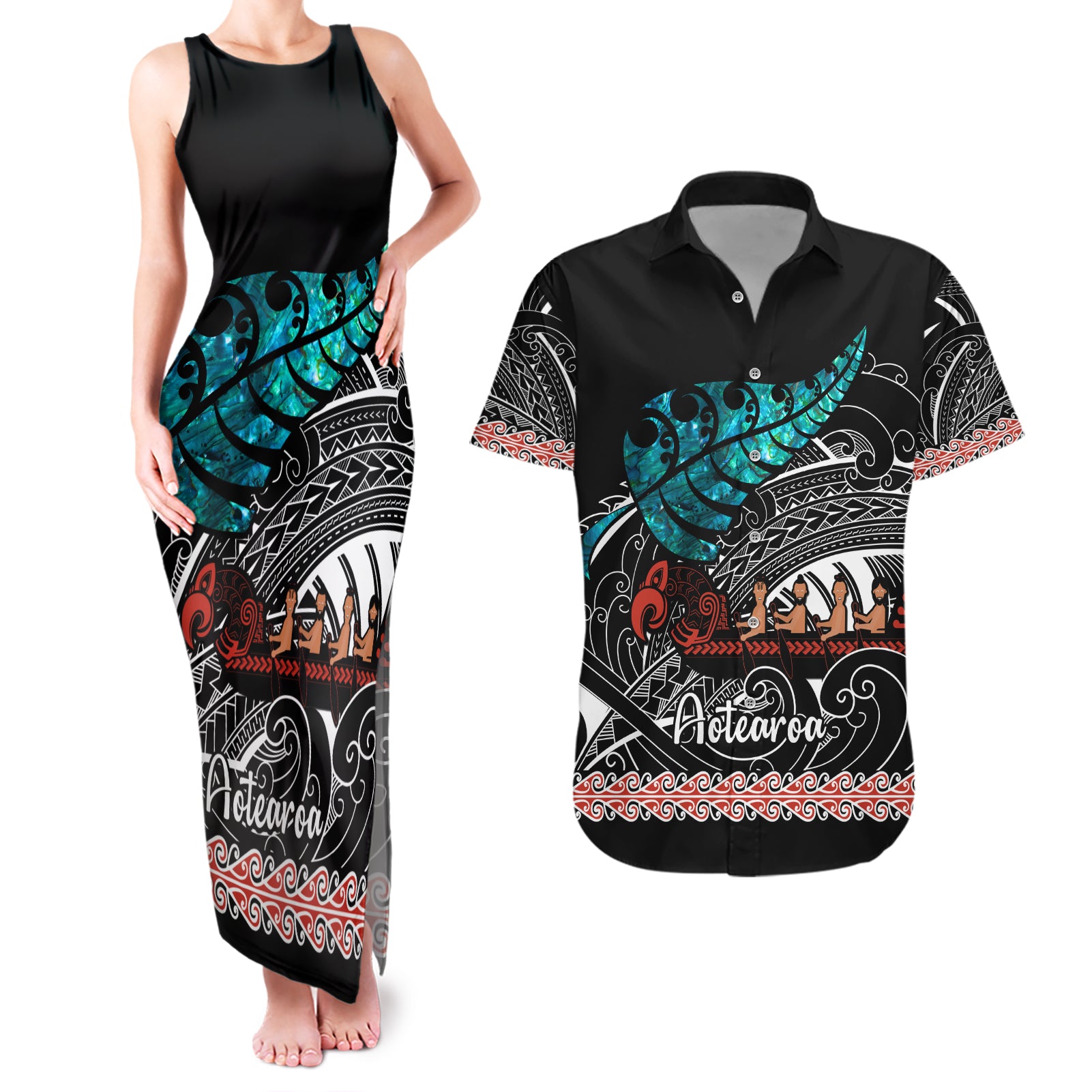 personalised-new-zealand-waka-couples-matching-tank-maxi-dress-and-hawaiian-shirt-aotearoa-maori-silver-fern-pattern