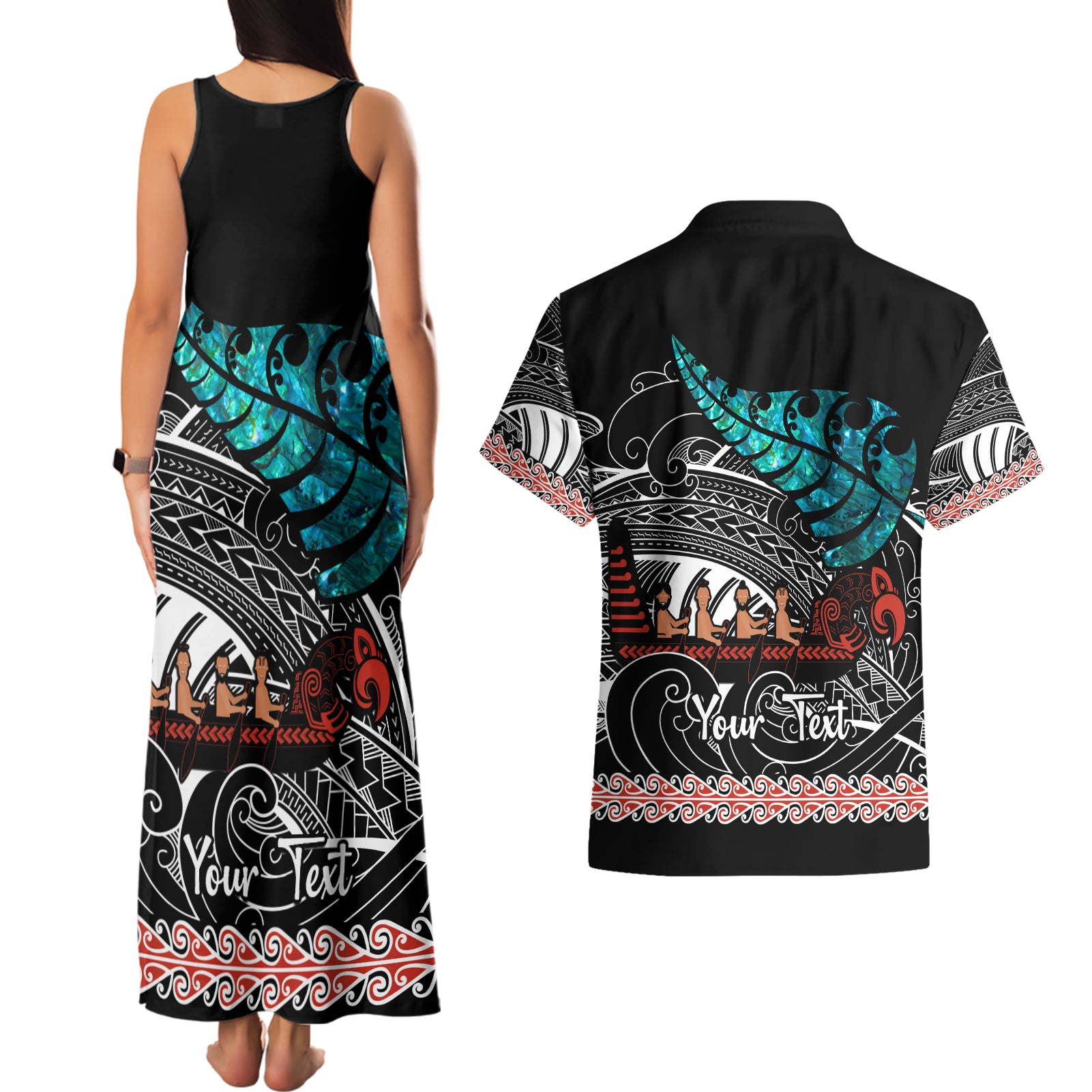 personalised-new-zealand-waka-couples-matching-tank-maxi-dress-and-hawaiian-shirt-aotearoa-maori-silver-fern-pattern