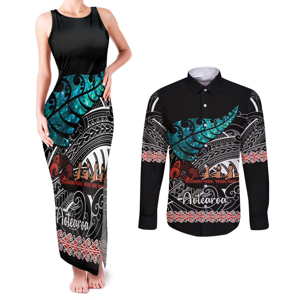 personalised-new-zealand-waka-couples-matching-tank-maxi-dress-and-long-sleeve-button-shirt-aotearoa-maori-silver-fern-pattern