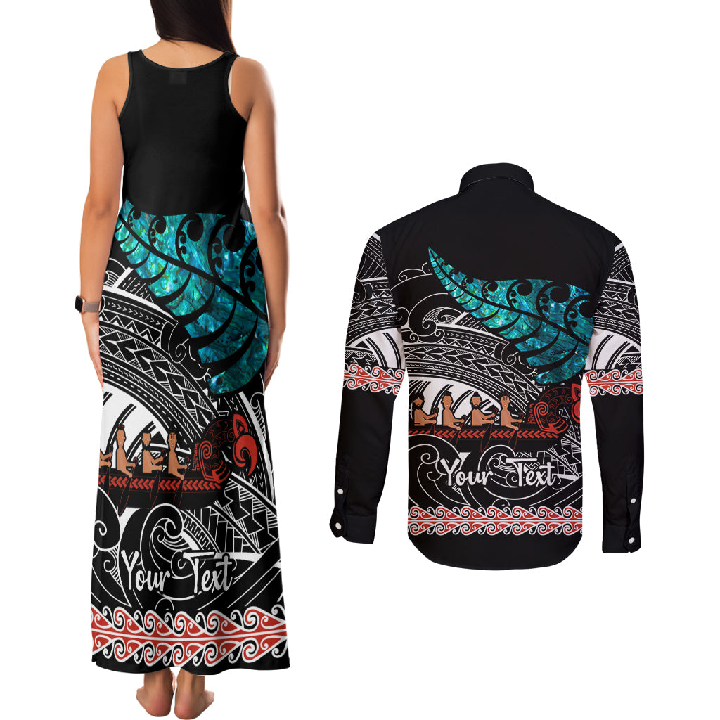 personalised-new-zealand-waka-couples-matching-tank-maxi-dress-and-long-sleeve-button-shirt-aotearoa-maori-silver-fern-pattern