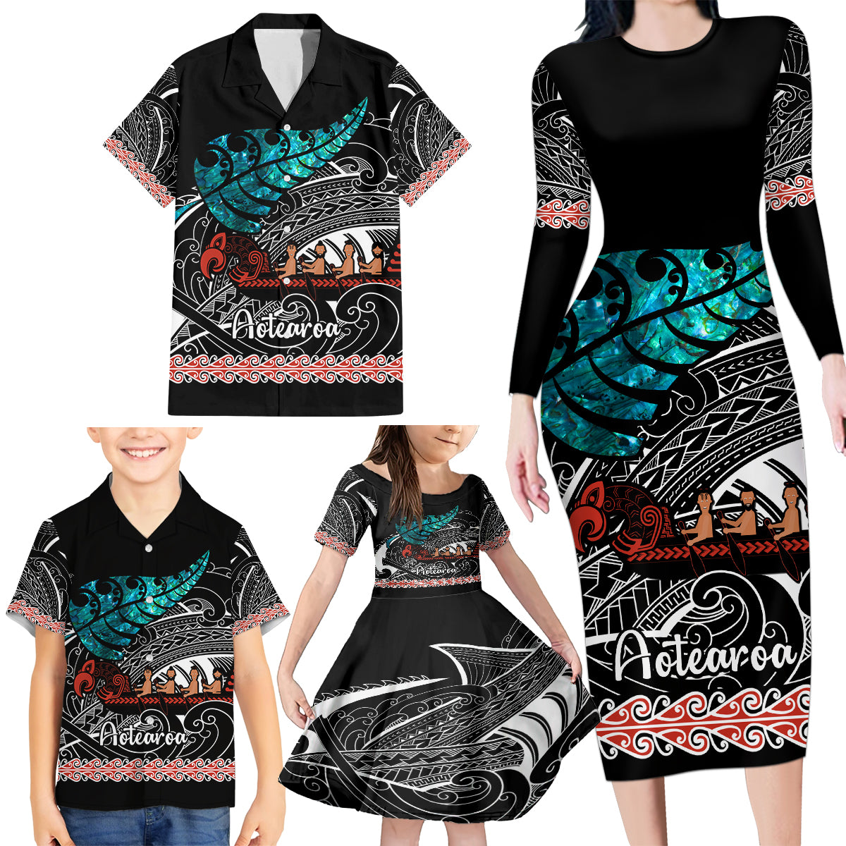 personalised-new-zealand-waka-family-matching-long-sleeve-bodycon-dress-and-hawaiian-shirt-aotearoa-maori-silver-fern-pattern