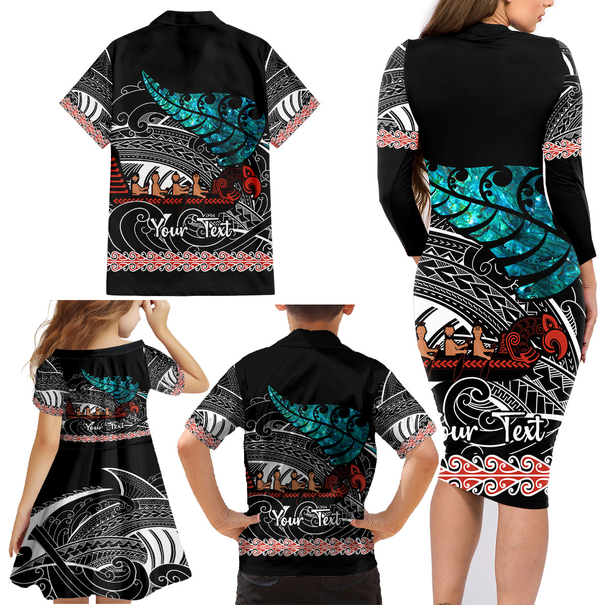 personalised-new-zealand-waka-family-matching-long-sleeve-bodycon-dress-and-hawaiian-shirt-aotearoa-maori-silver-fern-pattern