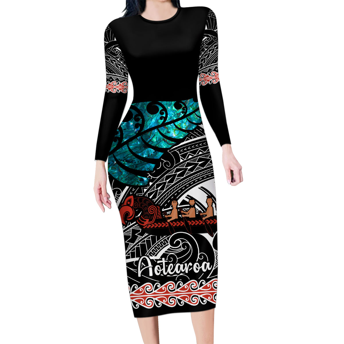 personalised-new-zealand-waka-family-matching-long-sleeve-bodycon-dress-and-hawaiian-shirt-aotearoa-maori-silver-fern-pattern