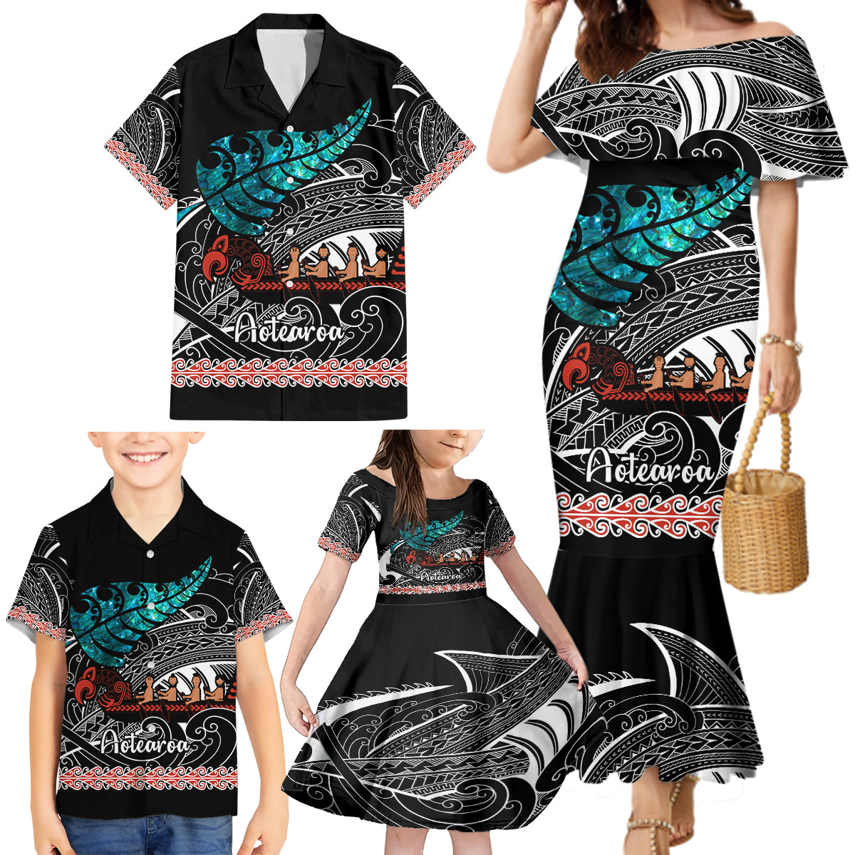 personalised-new-zealand-waka-family-matching-mermaid-dress-and-hawaiian-shirt-aotearoa-maori-silver-fern-pattern